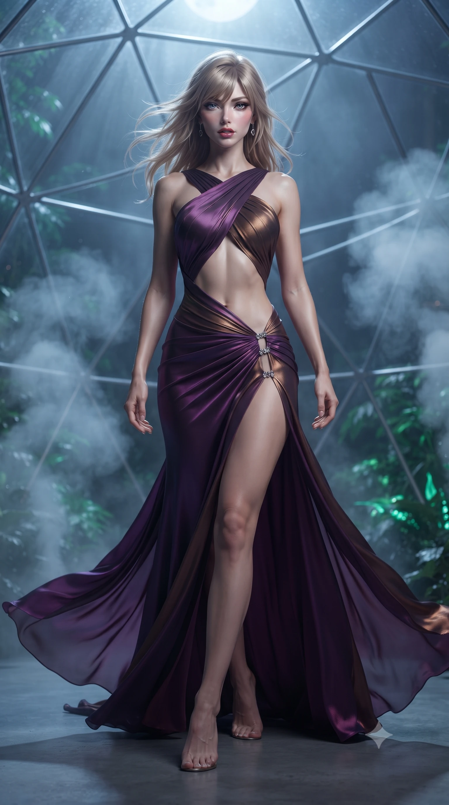 score_9, masterpiece, best quality, ultra-detailed, high-budget anime keyframe, editorial fashion photography, tasteful artistic composition, Caucasian woman. low angle full-body shot from head to toe showing her feet, filling the entire 9:16 vertical frame with her statuesque presence, stretching her vertical silhouette. striding forward in a proud supermodel runway stride, hips swaying in an alluring kinetic rhythm that accentuates her curvy hourglass silhouette while pivoting dynamically on the mist-drenched terrace, night winds whipping her silk drapery to emphasize her tall statuesque proportions. The composition keeps background elements in soft focus with creamy bokeh. translucent dome geodesic struts and rising vapor mists softened in cinematic shallow focus. She has an exceptionally tall and slender model-like 8.5-heads proportion, an ultra-slim waist, a flat toned midriff, narrow delicate ribcage, and beautifully sculpted feminine hips creating a graceful, slim hourglass silhouette without any bulky heaviness, with impossibly long slender legs. sharp v-shaped jawline, high-bridge nose, intricate jewel-like eyes with depth, thick eyelashes, glossy parted lips with a natural sheen, intensely captivating and seductive bedroom-eyes expression, flawlessly proportioned anatomical accuracy, strict slender model proportions, natural body alignment, perfectly sculpted long slender limbs, ultra-slim waistline, clean dynamic posture without body distortion. wearing a sculptured liquid-satin mermaid gown with an architectural open-waist cutout and bare spine in deep plum violet and antique bronze, woven from layered gossamer chiffon with a weightless sweeping drape, finished with an ultra-high side slit secured by miniature jeweled clasps, the form-contouring material adhering flawlessly to her sculpted flat midriff and slender torso, emphasizing her long leg lines and perfectly proportioned willowy build. bathed in cool silver full-moon light streaming from above and soft emerald bio-luminescent foliage fill. ultra-reflective glossy finish, specular highlights, rich textural contrasts, high-contrast stereoscopic depth, volumetric dynamic lighting, 2k, ultra detail, master piece, 9:16 ratio