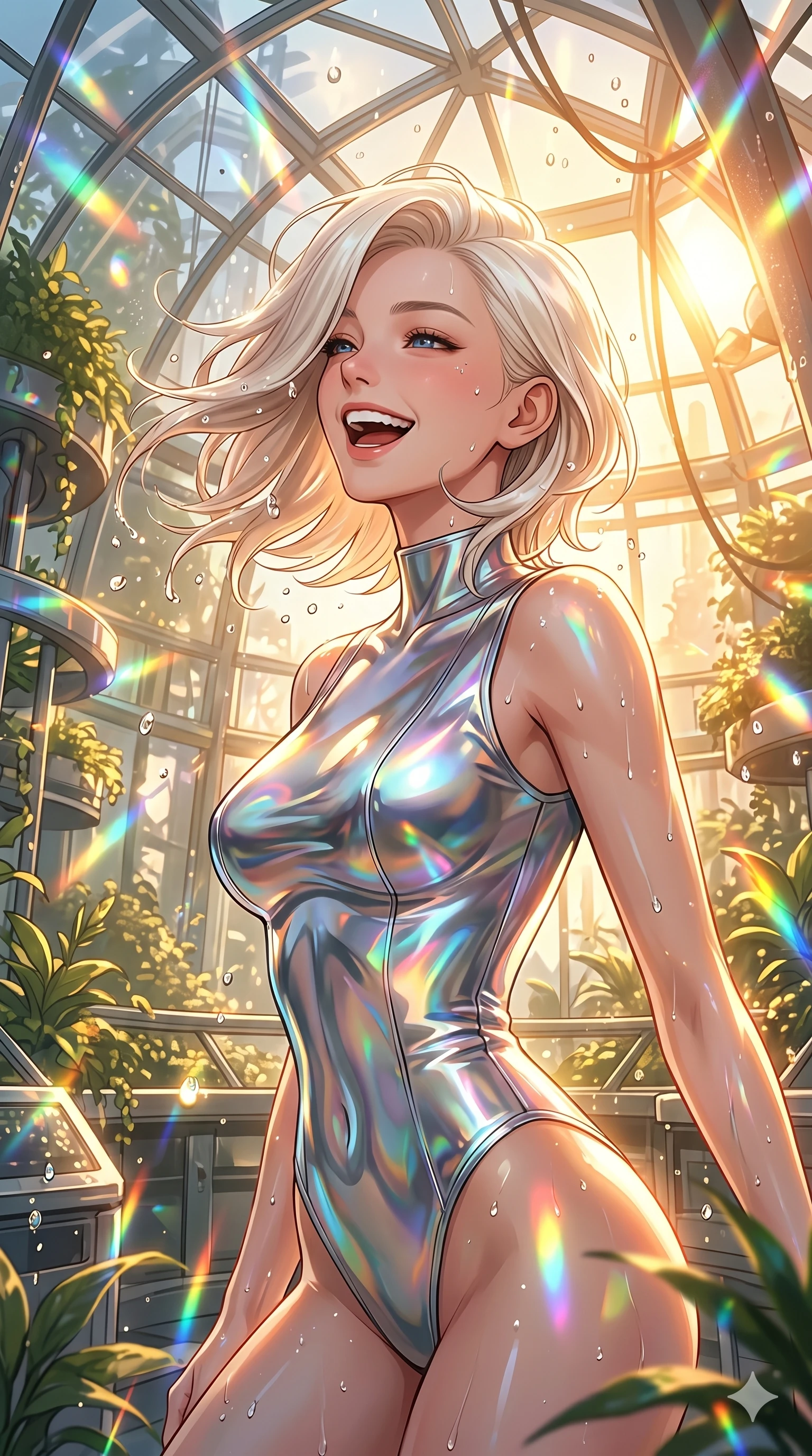 score_9, masterpiece, best quality, ultra-detailed, high-budget anime keyframe, editorial fashion photography, tasteful artistic composition, Caucasian woman, strictly human ears. Upper body close-up from the thighs up, character filling the screen for maximum presence. Inside a biotech garden greenhouse during a warm shower, tilting her head, shaking water droplets from her hair with a happy laugh. She is wearing a sleek tailored top in liquid-chrome finish that complements her silhouette. The scene is bathed in warm sun lamps and refracting rainbow lens flares. 2k, ultra detail, master piece, 9:16 ratio