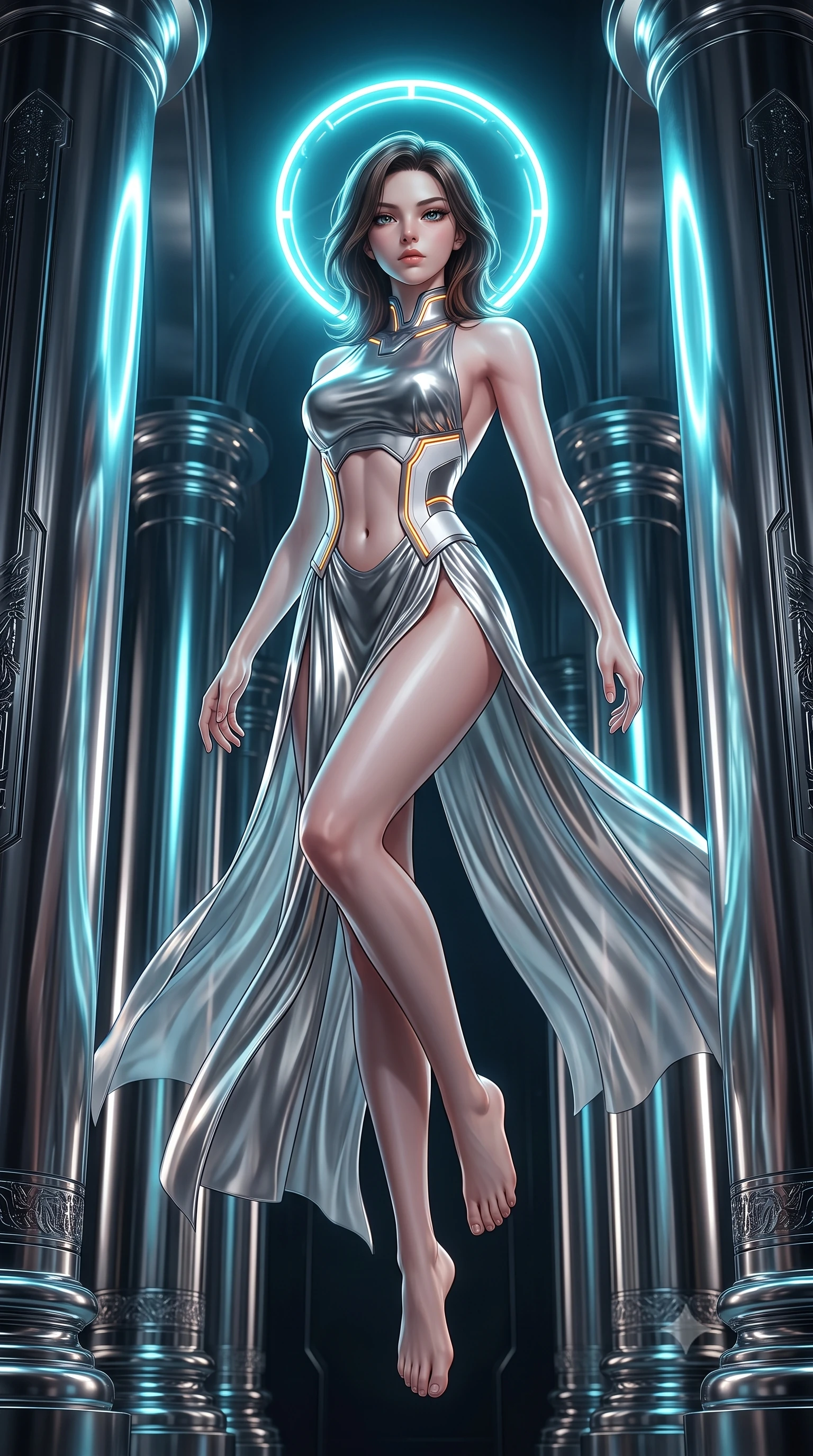 score_9, masterpiece, best quality, ultra-detailed, high-budget anime keyframe, editorial fashion photography, tasteful artistic composition, Korean woman. low angle full-body shot from head to toe showing her feet, filling the entire 9:16 vertical frame with her statuesque presence, stretching her vertical silhouette. performing an alluring mid-air vault with flawless poise, looking directly into the camera with regal, divine intensity while striding commanding between colossal polished chrome pillars in a futuristic cyber-cathedral as a floating neon halo rotates behind her head. The surrounding environment is rendered in vivid detail and crisp panoramic clarity. high-contrast futuristic chiaroscuro and sacred cybernetic architecture rendered with environmental sharpness. She has an absolutely perfect, statuesque 8.5-heads proportion, an exceptionally tall and slender model-like female figure with impossibly long slender legs, a toned flat midriff, and an ultra-slim waist. sharp v-shaped jawline, high-bridge nose, intricate jewel-like eyes with depth, thick eyelashes, glossy lips with a natural sheen, flawlessly proportioned anatomical accuracy, strict slender model proportions, natural body alignment, perfectly sculpted long slender limbs, ultra-slim waistline, clean dynamic posture without body distortion. wearing a backless molten silver liquid-metal gown with a high-cut side slit and precision-fitted waist boning in high-contrast monochrome white enamel and glowing amber lines, made of smooth flowing silk chiffon that shifts colors with movement, featuring a sleek aerodynamic collar framed by subtle glowing cybernetic accents, the precision-cut daring openings accentuating her delicate midriff, graceful bare collarbones, and ultra-slim feminine waistline. bathed in brilliant neon cyan halo backlighting and polished chrome surface reflections. ultra-reflective glossy finish, specular highlights, dark metallic sheen, high-contrast stereoscopic depth, volumetric dynamic lighting, 2k, ultra detail, master piece, 9:16 ratio