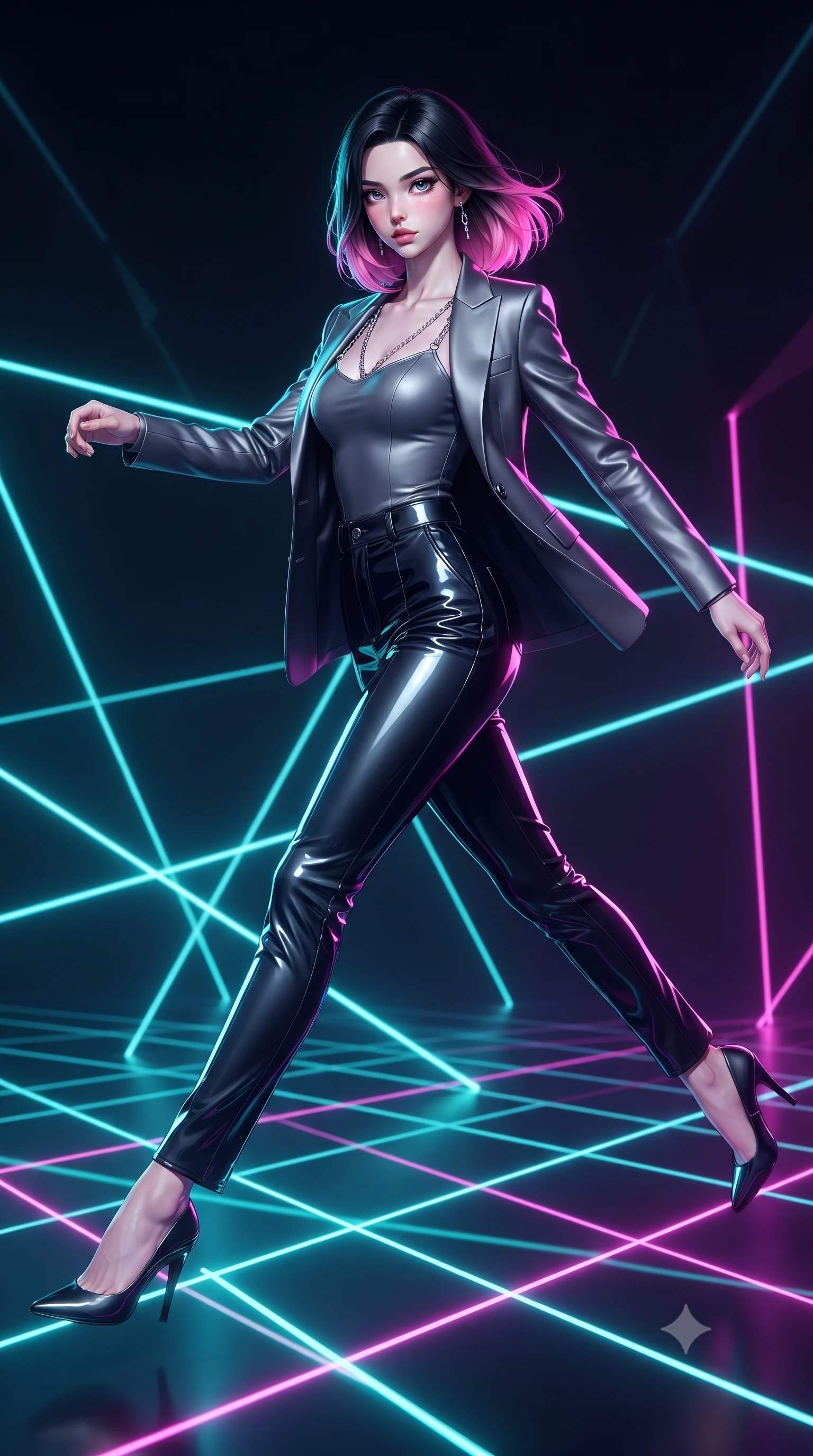 score_9, masterpiece, best quality, ultra-detailed, high-budget anime keyframe, editorial fashion photography, tasteful artistic composition, Korean woman. low angle full-body shot from head to toe showing her feet, filling the entire 9:16 vertical frame with her statuesque presence, stretching her vertical silhouette. leaping gracefully through mid-air with statuesque elegance, her impossibly long slender legs stretched in perfect balance while leaping across a grid of shifting laser beams while turning to gaze at the camera, laser lines casting precise geometric grid highlights on her athletic form. She has an absolutely perfect, statuesque 8.5-heads proportion, an exceptionally tall and slender model-like female figure with impossibly long slender legs and an ultra-slim waist. sharp v-shaped jawline, high-bridge nose, intricate jewel-like eyes with depth, thick eyelashes, glossy lips with a natural sheen, flawlessly proportioned anatomical accuracy, natural body alignment, perfectly sculpted elegant limbs, clean dynamic posture without body distortion. wearing a tailored silk blazer over a form-contouring scoop-neck top and slacks in charcoal grey and platinum, tailored from high-gloss patent leather, adorned with delicate metallic chain straps along the neckline, the form-contouring material highlighting her ultra-slim waist and long lines. bathed in brilliant neon cyan and magenta rim light with clean white key light. ultra-reflective glossy finish, specular highlights, metallic sheen, high-contrast stereoscopic depth, volumetric dynamic lighting, 2k, ultra detail, master piece, 9:16 ratio