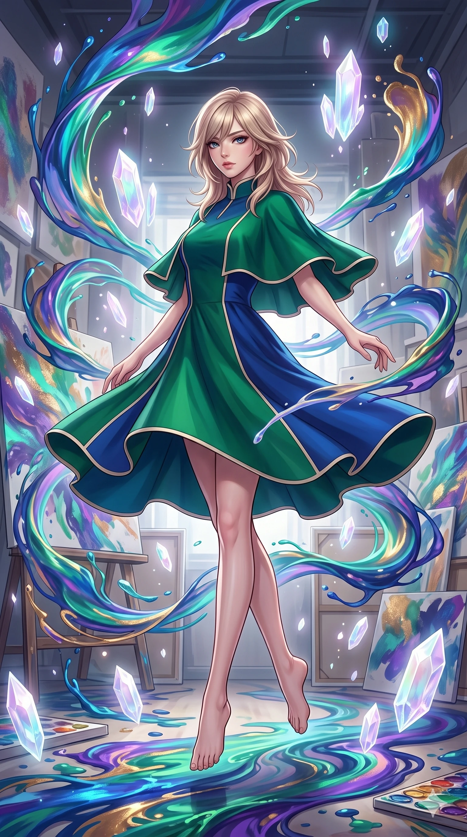 score_9, masterpiece, best quality, ultra-detailed, high-budget anime keyframe, editorial fashion photography, tasteful artistic composition, Japanese woman. low angle full-body shot from head to toe showing her feet, filling the entire 9:16 vertical frame with her statuesque presence, stretching her vertical silhouette. pirouetting mid-air inside an artist's studio where aurora-colored paint spontaneously erupts from canvases and floats in swirling ribbons through the air creating three-dimensional abstract paintings in space. She has a statuesque 8.5-heads proportion, an exceptionally tall, slender and willowy model-like build with impossibly long legs and a highly sculpted ultra-slim waist. sharp v-shaped jawline, high-bridge nose, intricate jewel-like eyes with depth, thick eyelashes, glossy lips with a natural sheen. wearing a color-blocked cape dress in emerald green and royal blue, featuring a sophisticated high neck and cream-colored piping. ethereal pearlescent light emanating from floating crystalline formations all around. 2k, ultra detail, master piece, 9:16 ratio