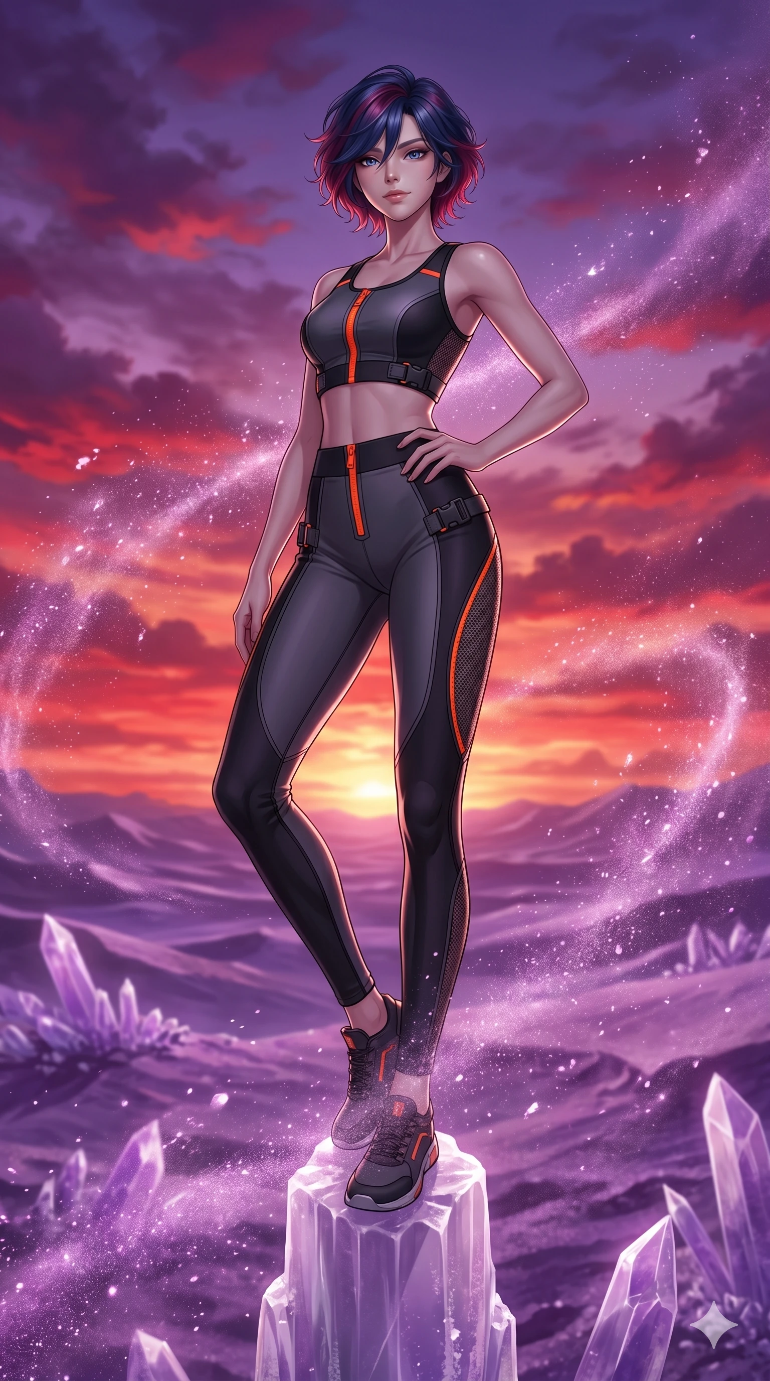 score_9, masterpiece, best quality, ultra-detailed, high-budget anime keyframe, Korean woman. low angle full-body shot filling the entire 9:16 frame with her statuesque presence, stretching the vertical silhouette. standing atop a translucent salt crystal tower in a purple crystalline desert as winds blow shimmering purple dust under a crimson sunset. She has an absolutely perfect 8-heads proportion, an exceptionally tall and slender female figure with impossibly long slender legs and an ultra-slim waist. V-shaped jawline, high-bridge nose, intricate jewel-like eyes with depth, thick eyelashes, glossy lips with a natural sheen.. wearing a form-form-sculpting neoprene cyber-athleisure set, featuring a fitted crop top and leggings with fluorescent orange zipper accents and side slash panels. illuminated by dramatic chiaroscuro casting soft shadows along her elegant contours, with vibrant backlighting highlighting the dust particles. 2k, ultra detail, master piece, 9:16 ratio