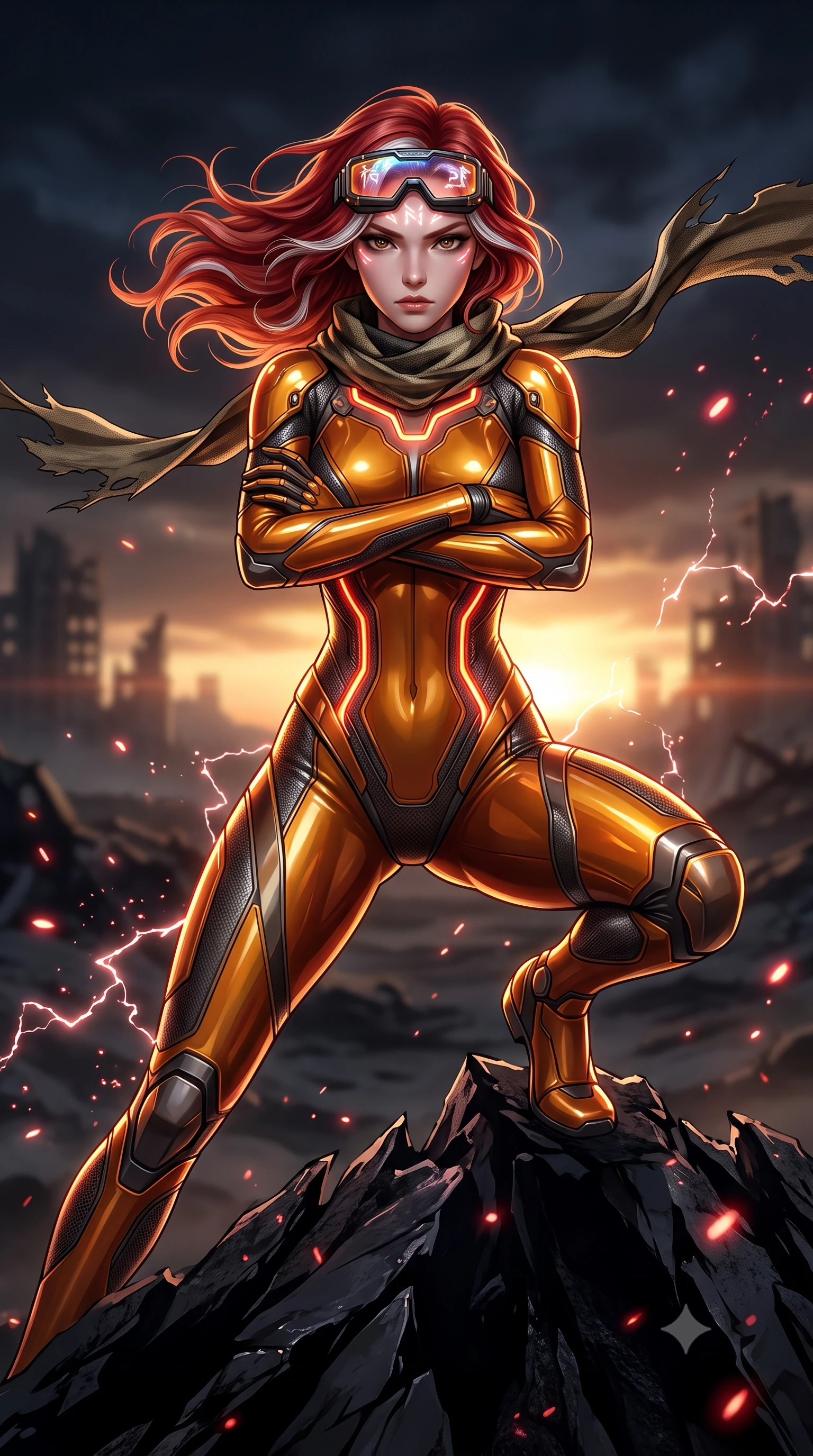 score_9, masterpiece, best quality, ultra-detailed, high-budget anime keyframe, semi-realistic 3D game render, editorial fashion photography, tasteful artistic composition, Caucasian woman. close-up cowboy shot from the waist and thighs up, the character dominates the composition, filling the frame with her large presence. shifting into a low cat-stance with arms crossed defensively, glowing energy conduits tracing her ultra-slim waist and sculpted clavicle while standing tall on a jagged obsidian ridge with wind tearing at her tactical scarf, silhouette dominating the desolate horizon. The composition keeps background elements in soft focus with creamy bokeh. sparkling static electricity arcs scattering glowing red light motes across a desolated wasteland backdrop. She has an exceptionally elegant, slender, and willowy female figure with an ultra-slim waist, a gracefully sculpted slender torso, toned flat midriff, and a refined slim silhouette. sharp v-shaped jawline, high-bridge nose, intricate jewel-like eyes with depth, thick eyelashes, glossy lips with a natural sheen, fierce and resolute heroine expression, flawlessly proportioned anatomical accuracy, strict slender model proportions, natural body alignment, perfectly sculpted long slender limbs, ultra-slim waistline, clean dynamic posture without body distortion. wearing high-tech holographic tactical goggles resting tipped up on her forehead, casting glowing neon runes across her brow without obscuring her features, paired with an ultra-sleek high-gloss carbon-composite exoskeleton suit featuring kinetic shock-absorbing shin guards and flexible limb articulation joints in molten amber-gold carbon cuirass with dark gunmetal weave, made of liquid carbon-jersey fabric accentuating every curve of her tall, slender model proportions, detailed with kinetic shock-dampening knuckle guards and polished chrome connection joints, the glove-like aerodynamic second-skin fit tightly clinging to her ultra-slender waist and athletic curves without adding bulk, accentuating her razor-sharp statuesque lines and slim hourglass silhouette. surrounded by a solitary, monumental, and sacredly resilient post-apocalyptic guardian aura. rich saturated anime colors with glowing neon highlights, detailed shading with soft gradients, rich glossy textures, high-contrast stereoscopic depth, volumetric dynamic lighting, master piece, 9:16 ratio