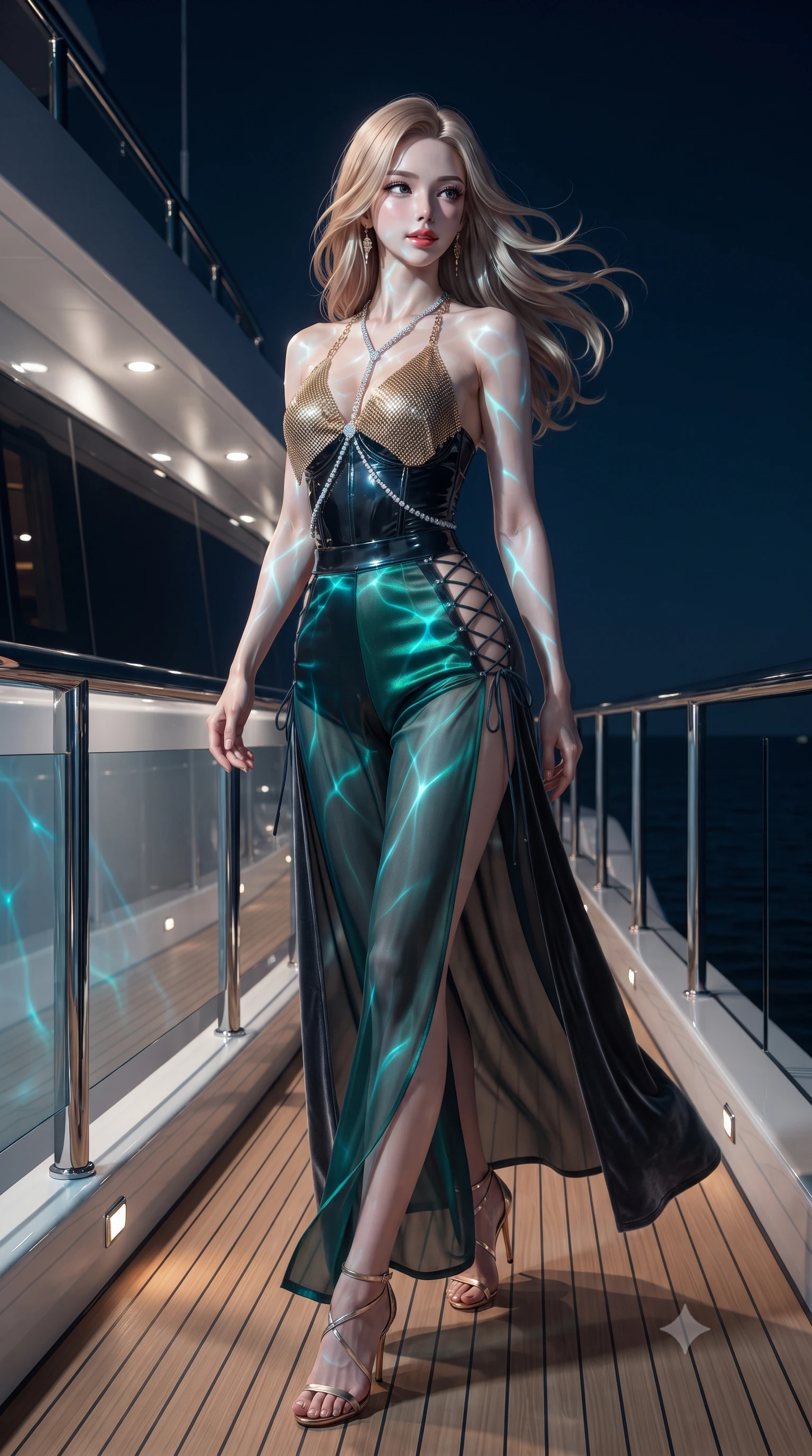 score_9, masterpiece, best quality, ultra-detailed, high-budget anime keyframe, editorial fashion photography, tasteful artistic composition, Korean woman. low angle full-body shot from head to toe showing her feet, filling the entire 9:16 vertical frame with her statuesque presence, stretching her vertical silhouette. walking along the terrace with poise, looking back over her bare shoulder with an irresistible smoldering bedroom-gaze while twisting her slender torso in an alluring contrapposto stance, undulating underwater LED caustics painting glowing cyan ribbons across her curves. The surrounding environment is rendered in vivid detail and crisp panoramic clarity: detailed gold chainmail halter top weave, diamond body harness shine, and naval superyacht engineering in razor-sharp precision. She has an absolutely perfect, statuesque 8.5-heads proportion, an exceptionally tall and slender model-like female figure with impossibly long slender legs, an ultra-slim waist, a flat toned midriff, narrow delicate ribcage, and beautifully sculpted feminine hips creating a graceful, slim hourglass silhouette without any bulky heaviness. sharp v-shaped jawline, high-bridge nose, sparkling eyes with hypnotic seductive depth, thick curled eyelashes, glossy parted lips with a natural dewy peach sheen, alluring bedroom-eyes with an enchanting coquettish smile, exuding magnetic siren charisma and sophisticated glamour, flawlessly proportioned anatomical accuracy, strict slender model proportions, natural body alignment, perfectly sculpted long slender limbs, ultra-slim waistline, clean dynamic posture without body distortion. wearing a wet-look form-fitting vinyl bustier paired with sheer chiffon high-slit wide-leg trousers in iridescent emerald satin and dark charcoal velvet, woven from buttery-soft stretch lambskin leather adhering to her body like a second skin, featuring fine criss-cross lace-up side ties revealing tantalizing glimpses of her hip curve, the second-skin tailored fabric adhering flawlessly to her sculpted flat midriff and slender torso, emphasizing her long leg lines and perfectly proportioned willowy build. illuminated by aquatic caustic reflections and sharp electric-cyan rim lights sculpting her razor-sharp jawline, narrow waist, and curvy hips. ultra-reflective glossy finish, specular highlights, rich textural contrasts, high-contrast stereoscopic depth, volumetric dynamic lighting, 2k, ultra detail, master piece, 9:16 ratio