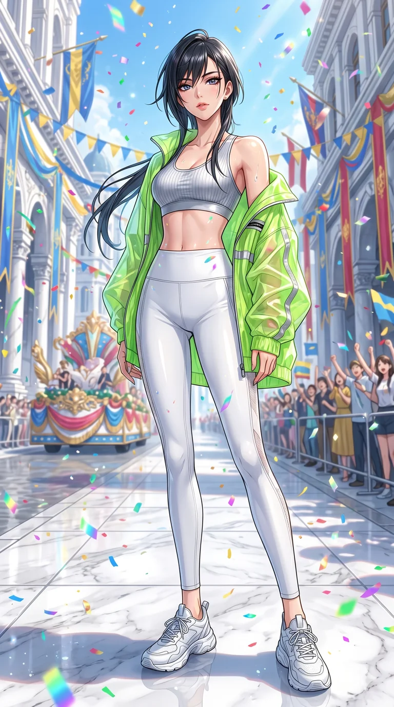score_9, masterpiece, best quality, ultra-detailed, High-budget Anime Keyframe, beautiful Japanese anime girl. Low angle cowboy shot filling the entire 9:16 frame with her statuesque presence. Standing in a rain of colorful confetti on a grand parade in a white marble city. She has an absolutely perfect 8-heads proportion, an exceptionally tall and slender female figure with impossibly long slender legs and an ultra-slim waist. Sharp v-shaped jawline, high-bridge nose, intricate jewel-like eyes with depth, thick eyelashes, glossy lips with a natural sheen. Wearing a Premium Athleisure outfit: ribbed silver sports bra and white leggings with a sheer neon windbreaker. Background is a bright and colorful city street with vibrant decorations and bright sunlight. 2k, ultra detail, master piece, 9:16 ratio