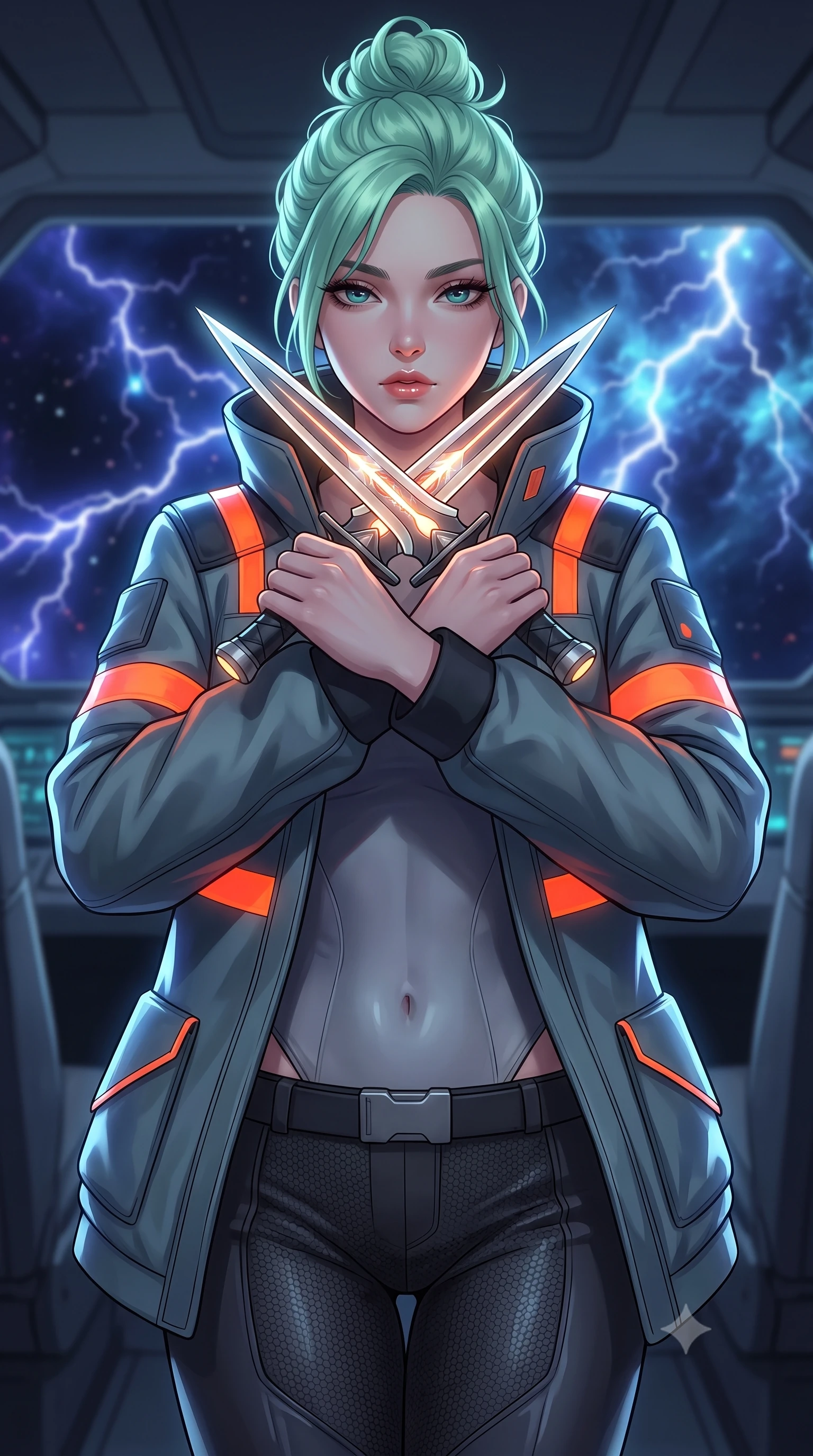 score_9, masterpiece, best quality, ultra-detailed, high-budget anime keyframe, editorial fashion photography, tasteful artistic composition, Japanese woman. close-up cowboy shot from the waist and thighs up, the character dominates the composition, filling the frame with her large presence, background elements kept in soft focus. holding two energy daggers crossed in front of her elegant collarbone, casting a heavy-lidded, sultry look, the background shows a soft-focus a train cockpit view facing an electrical plasma storm in deep space. She has an exceptionally elegant, slender, and willowy female figure with an ultra-slim waist, a gracefully sculpted slender torso, and a refined silhouette. sharp v-shaped jawline, high-bridge nose, intricate jewel-like eyes with depth, thick eyelashes, glossy lips with a natural sheen. wearing a tailored heavy polar-combat jacket with neon orange warning stripes, worn over thick carbon-mesh thermal trousers. flashes of lightning casting momentary high-contrast chiaroscuro shadows. highly saturated vibrant anime colors, detailed shading with soft gradients, rich glossy textures, high-contrast stereoscopic depth, volumetric dynamic lighting, master piece, 9:16 ratio