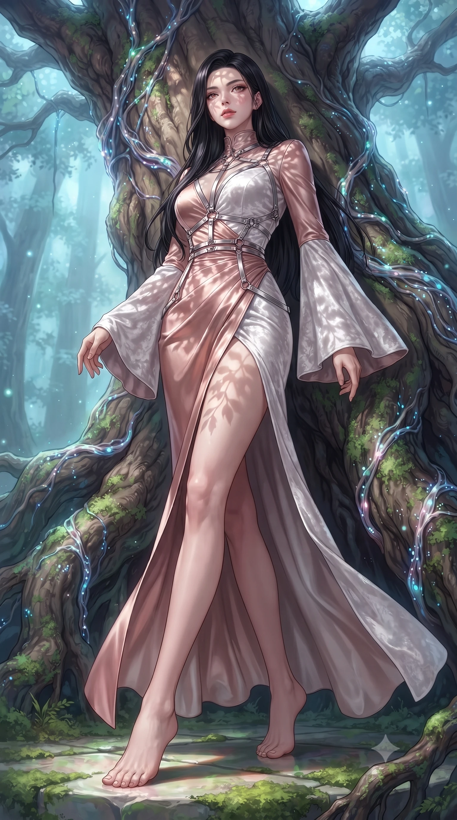 score_9, masterpiece, best quality, ultra-detailed, high-budget anime keyframe, editorial fashion photography, tasteful artistic composition, Korean woman. low angle full-body shot from head to toe showing her feet, filling the entire 9:16 vertical frame with her statuesque presence, stretching her vertical silhouette. navigating the celestial sanctuary with an effortless, graceful stride, resting against a giant tree root wrapped in glowing opal mycelium vines, organic leaf stencil shadows projected onto her sleek outfit. She has an absolutely perfect, statuesque 8.5-heads proportion, an exceptionally tall and slender model-like female figure with impossibly long slender legs and an ultra-slim waist. sharp v-shaped jawline, high-bridge nose, intricate jewel-like eyes with depth, thick eyelashes, glossy lips with a natural sheen. wearing gothic high-collar rose-gold silk evening gown with long bell sleeves in metallic silver, made of crushed white silk velvet, highlighted by a platinum metallic harness structure, accentuating her gracefully sculpted slender torso. surrounded by a gentle glowing forest aura with soft rim highlights. highly saturated vibrant anime colors, detailed shading with soft gradients, rich glossy textures, high-contrast stereoscopic depth, volumetric dynamic lighting, master piece, 9:16 ratio
