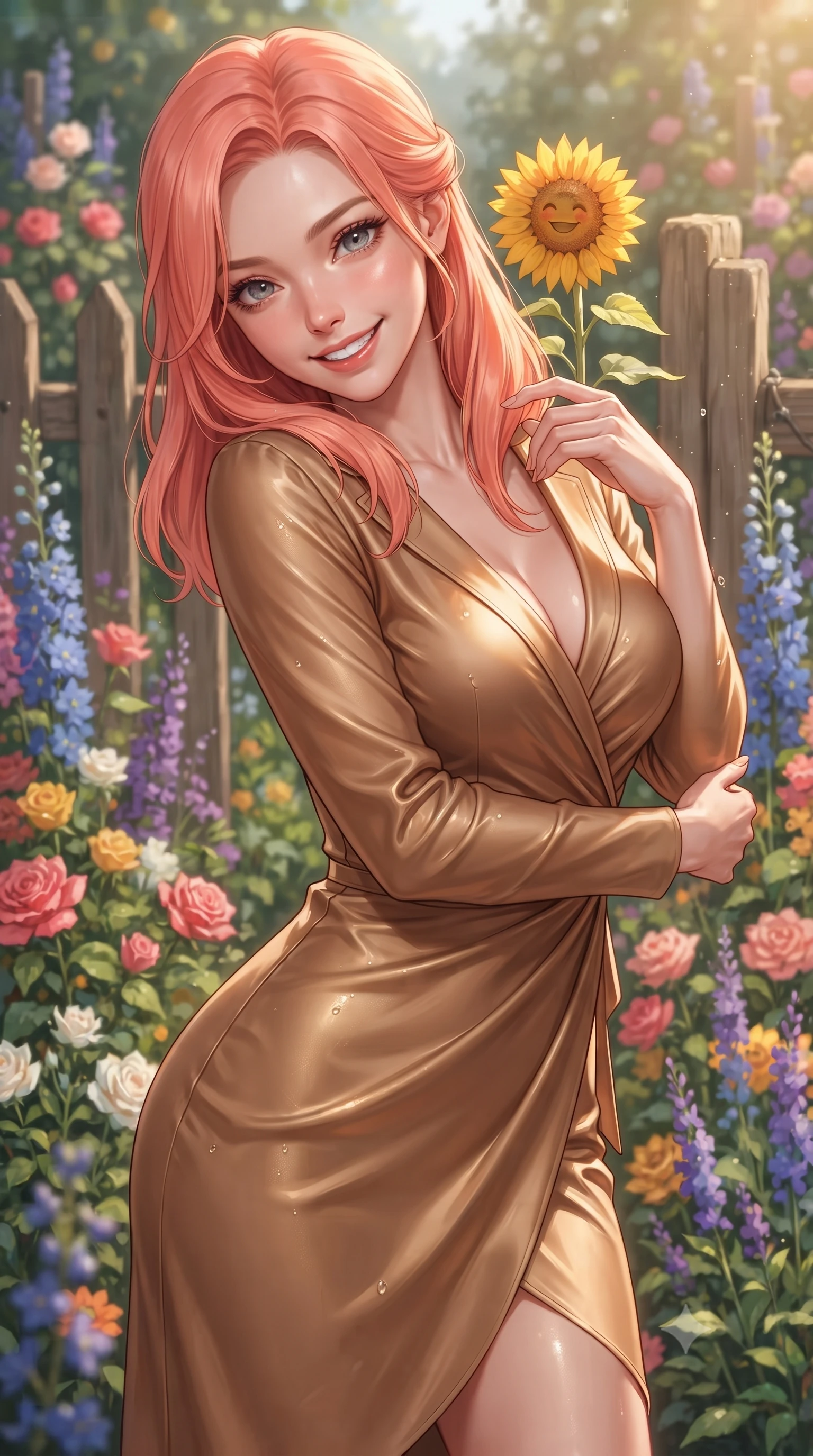 score_9, masterpiece, best quality, ultra-detailed, high-budget anime keyframe, editorial fashion photography, tasteful artistic composition, Japanese woman. close-up cowboy shot from the waist and thighs up, the character dominates the composition, filling the frame with her large presence, background elements kept in soft focus. tilting her chin down slightly, looking up at the viewer with a sweet, charming smile set against a soft-focus background of in a lovely cottage garden filled with mixed cottage flowers and wooden fences holding a single bright sunflower with a cheerful, sunny grin. She has an exceptionally elegant, slender, and willowy female figure with an ultra-slim waist, a gracefully sculpted slender torso, and a refined silhouette. sharp v-shaped jawline, high-bridge nose, intricate jewel-like eyes with depth, thick eyelashes, glossy lips with a natural sheen. wearing tailored form-contouring silk wrap dress in camel, outlining her slender waist. warm morning sunbeams creating fresh dewdrop glints on the flower petals. ultra-reflective glossy finish, specular highlights, metallic sheen, high-contrast stereoscopic depth, volumetric dynamic lighting, 2k, ultra detail, master piece, 9:16 ratio