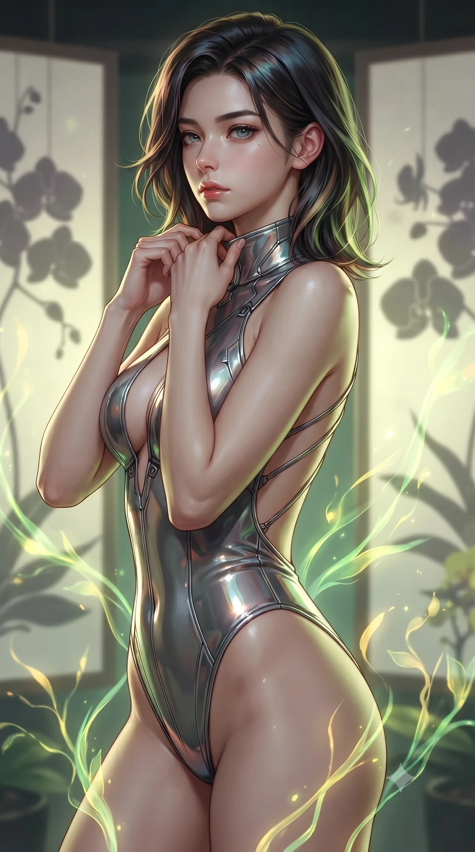 score_9, masterpiece, best quality, ultra-detailed, high-budget anime keyframe, editorial fashion photography, tasteful artistic composition, Korean woman. close-up cowboy shot from the waist and thighs up, the character dominates the composition, filling the frame with her large presence, background elements kept in soft focus. adjusting the high collar of her body-hugging suit, looking past the camera with quiet, sharp focus and a composed expression, the background shows a soft-focus an orchid vault temple with paper screens showing a silhouette of orchids. She has an exceptionally elegant, slender, and willowy female figure with an ultra-slim waist, a gracefully sculpted slender torso, and a refined silhouette. sharp v-shaped jawline, high-bridge nose, intricate jewel-like eyes with depth, thick eyelashes, glossy lips with a natural sheen. wearing a tailored low-cut cybernetic bodysuit with open-back design and thin structural straps crossing her bare shoulder blades. soft green and yellow digital plant light wrapping her form in an organic glow. ultra-reflective glossy finish, specular highlights, metallic sheen, high-contrast stereoscopic depth, volumetric dynamic lighting, 2k, ultra detail, master piece, 9:16 ratio