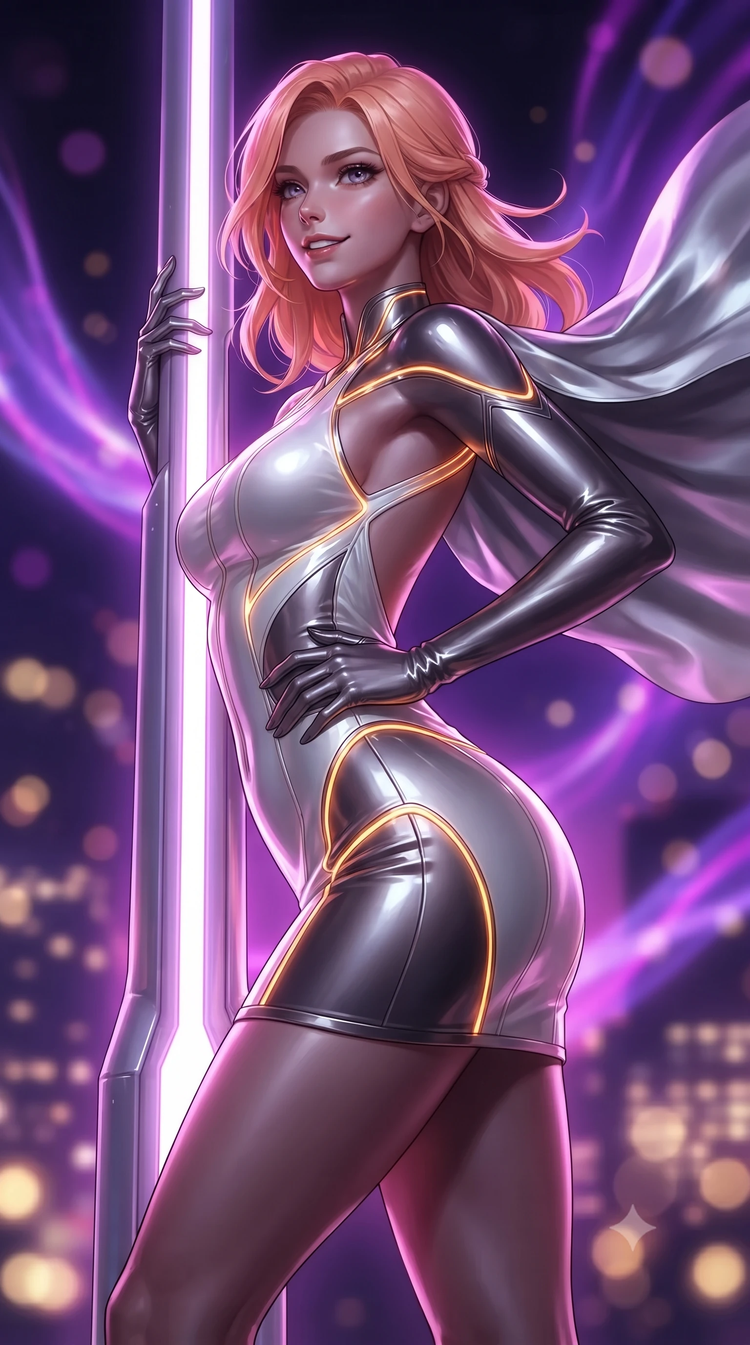 score_9, masterpiece, best quality, ultra-detailed, high-budget anime keyframe, editorial fashion photography, tasteful artistic composition, Japanese woman. close-up cowboy shot from the waist and thighs up, the character dominates the composition, filling the frame with her large presence. twisting her upper body in a dynamic S-curve with commanding allure, one hand resting on her slender waist with haughty grace while leaning against a glowing spire conduit with a fearless, intoxicating smile as high-altitude winds billow her silver cape. The composition keeps background elements in soft focus with creamy bokeh. swirling violet plasma aurora ribbons and glowing city grid lights blurred into rich purple, magenta, and gold bokeh. She has an exceptionally elegant, slender, and willowy female figure with an ultra-slim waist, a gracefully sculpted slender torso, toned flat midriff, and a refined slim silhouette. sharp v-shaped jawline, high-bridge nose, intricate jewel-like eyes with depth, thick eyelashes, glossy lips with a natural sheen, flawlessly proportioned anatomical accuracy, strict slender model proportions, natural body alignment, perfectly sculpted long slender limbs, ultra-slim waistline, clean dynamic posture without body distortion. wearing a high-gloss lacquer cyber-couture mini dress with an open-back architectural cut and subtle glowing micro-filaments in high-contrast monochrome white enamel and glowing amber lines, made of smooth flowing silk chiffon that shifts colors with movement, accented with glowing fiber-optic seams tracing her collarbones and hip curves, the glove-like aerodynamic second-skin fit tightly clinging to her ultra-slender waist and athletic curves without adding bulk, accentuating her razor-sharp statuesque lines and slim hourglass silhouette. bathed in vivid violet and electric magenta plasma aurora backlighting with golden city ground bounce. ultra-reflective glossy finish, specular highlights, dark metallic sheen, high-contrast stereoscopic depth, volumetric dynamic lighting, 2k, ultra detail, master piece, 9:16 ratio