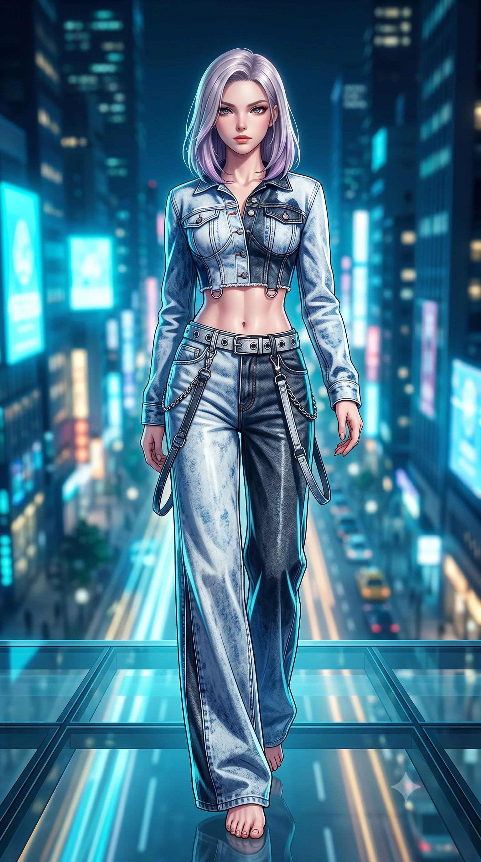 score_9, masterpiece, best quality, ultra-detailed, high-budget anime keyframe, semi-realistic 3D game render, editorial fashion photography, tasteful artistic composition, Caucasian woman. low angle full-body shot from head to toe showing her feet, filling the entire 9:16 vertical frame with her statuesque presence, stretching her vertical silhouette. striding forward in a proud, dynamic supermodel runway stride, her statuesque vertical silhouette commanding the entire frame while standing poised on a transparent structural glass floor overlooking the dizzying vertical abyss of a neon metropolis at 3 AM. The composition keeps background elements in soft focus with creamy bokeh. dizzying vertical cityscape traffic light trails and neon skyscrapers far below blurred into sapphire, cyan, and gold bokeh. She has an absolutely perfect, statuesque 8.5-heads proportion, an exceptionally tall and slender model-like female figure with impossibly long slender legs, a toned flat midriff, and an ultra-slim waist. sharp v-shaped jawline, high-bridge nose, intricate jewel-like eyes with depth, thick eyelashes, glossy lips with a natural sheen, captivating and magnetic expression, flawlessly proportioned anatomical accuracy, strict slender model proportions, natural body alignment, perfectly sculpted long slender limbs, ultra-slim waistline, clean dynamic posture without body distortion. wearing a deconstructed denim corseted crop jacket paired with high-waisted wide-leg utility jeans and a silver grommet belt in acid-wash light denim and dark chrome, tailored from distressed structured cotton denim with metallic thread, accented with hanging industrial clip straps and chrome chain links edition #22, the breezy yet form-flattering drape swaying gracefully with her steps, accentuating her long willowy limbs and slim waistline. bathed in ambient cyan and ice-blue holographic screen glow combined with midnight city skylight. highly saturated vibrant anime colors, detailed shading with soft gradients, rich glossy textures, high-contrast stereoscopic depth, volumetric dynamic lighting, master piece, 9:16 ratio