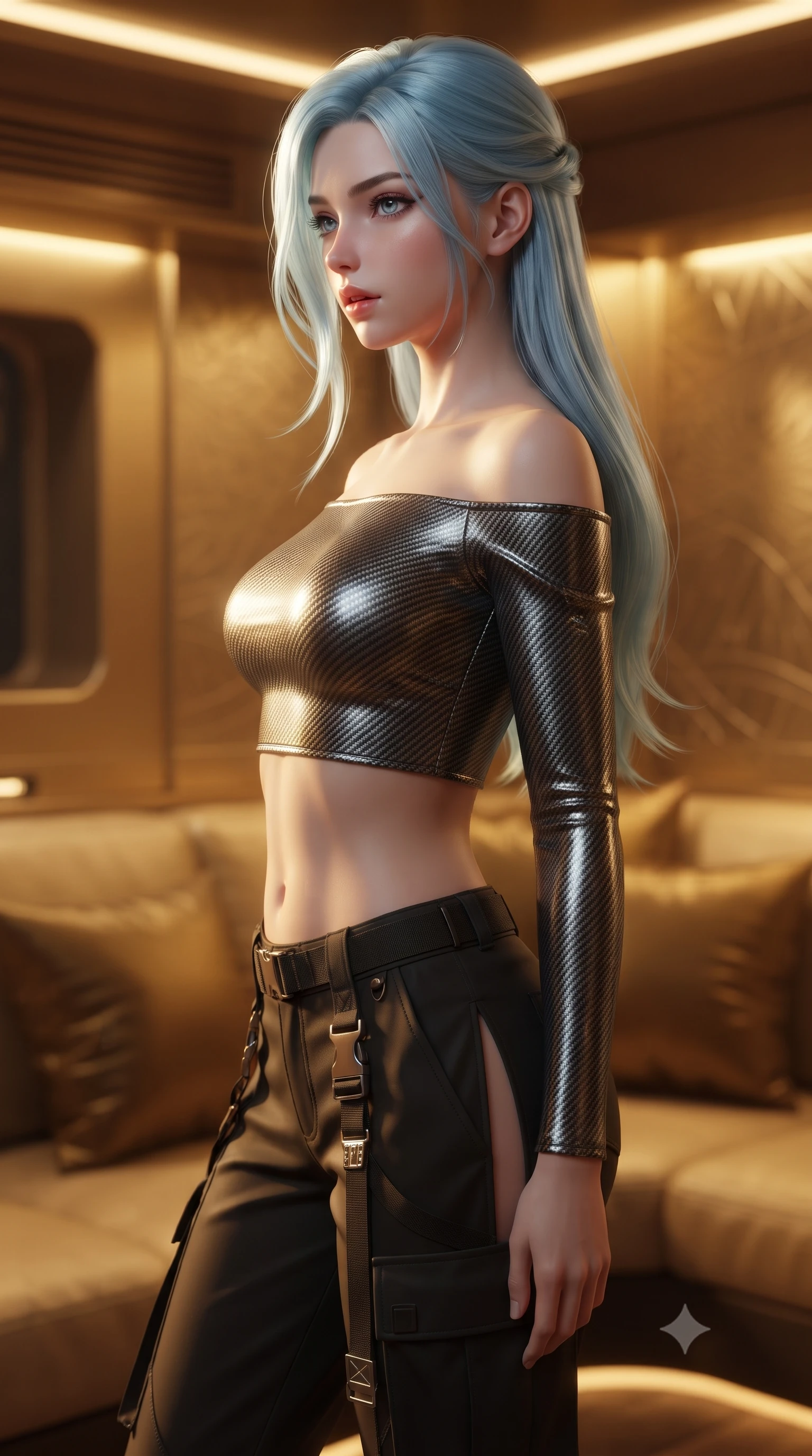 score_9, masterpiece, best quality, ultra-detailed, high-budget anime keyframe, editorial fashion photography, tasteful artistic composition, Japanese woman. close-up cowboy shot from the waist and thighs up, the character dominates the composition, filling the frame with her large presence, background elements kept in soft focus. turning her face in profile to look over her shoulder, casting a smoldering side gaze with lips slightly parted, the background shows a soft-focus a private cabin aboard a solar yacht with gold-plated walls and silk cushions. She has an exceptionally elegant, slender, and willowy female figure with an ultra-slim waist, a gracefully sculpted slender torso, and a refined silhouette. sharp v-shaped jawline, high-bridge nose, intricate jewel-like eyes with depth, thick eyelashes, glossy lips with a natural sheen. wearing a slim-fit off-shoulder carbon-fiber armor top paired with high-slit tactical cargo pants, showing her delicately sculpted midriff. warm golden light from reading consoles casting cozy, intimate shadows. ultra-reflective glossy finish, specular highlights, metallic sheen, high-contrast stereoscopic depth, volumetric dynamic lighting, 2k, ultra detail, master piece, 9:16 ratio