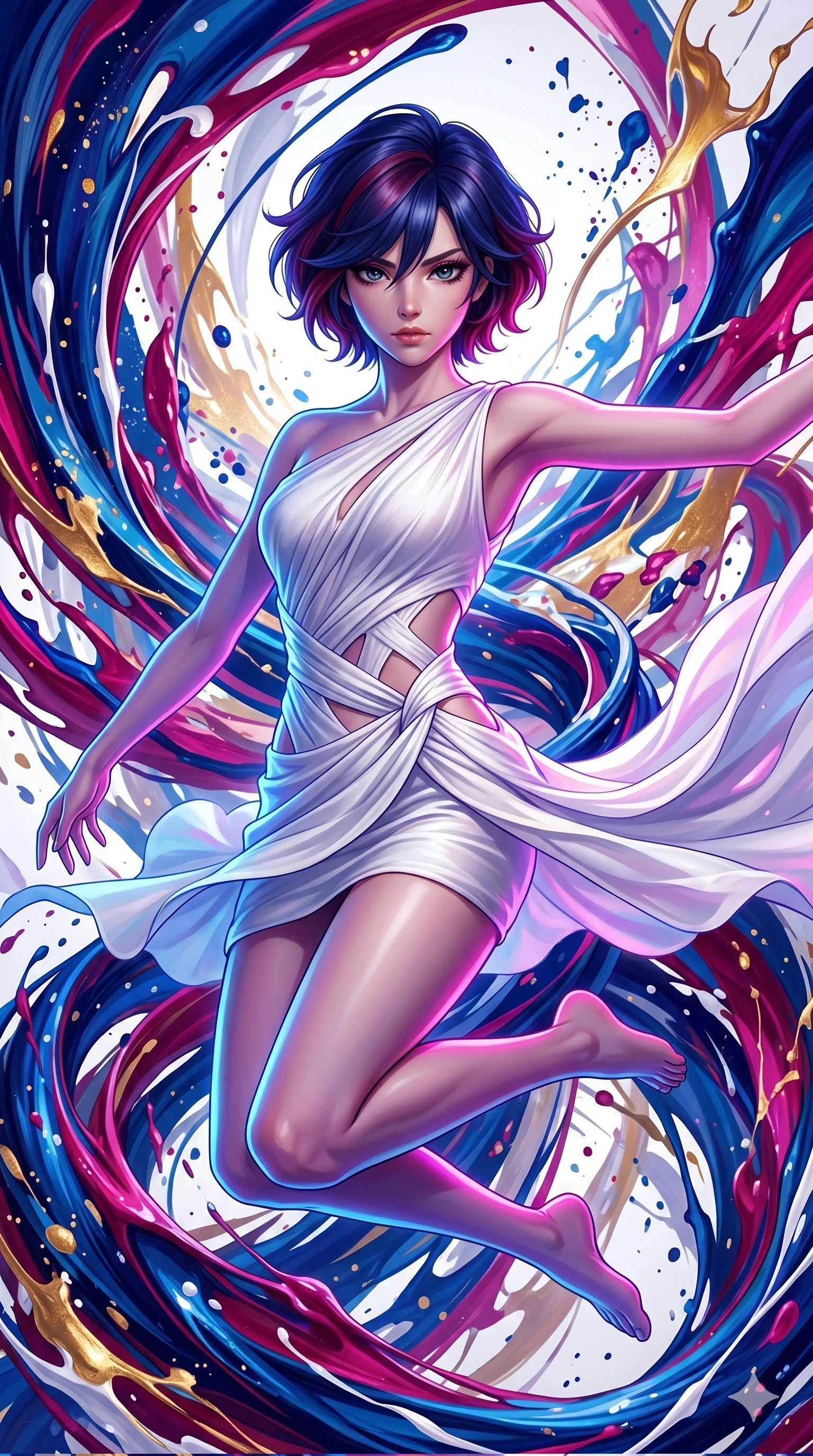 score_9, masterpiece, best quality, ultra-detailed, high-budget anime keyframe, Japanese woman. upper body close-up from the thighs up, character filling the screen for maximum presence. leaping into a vorticist paint splatter dimension where thousands of vivid acrylic paint ribbons and splatters swirl around her in a white gallery void. She has an absolutely perfect 8-heads proportion, an exceptionally tall and slender female figure with impossibly long slender legs and an ultra-slim waist. V-shaped jawline, high-bridge nose, intricate jewel-like eyes with depth, thick eyelashes, glossy lips with a natural sheen.. wearing an asymmetric chiffon draped couture mini dress, featuring draped white chiffon fabric twisting around her body with elegant diamond cutouts on the waist. bathed in brilliant cinematic volumetric lighting and intense neon rim light highlighting her slender form. 2k, ultra detail, master piece, 9:16 ratio