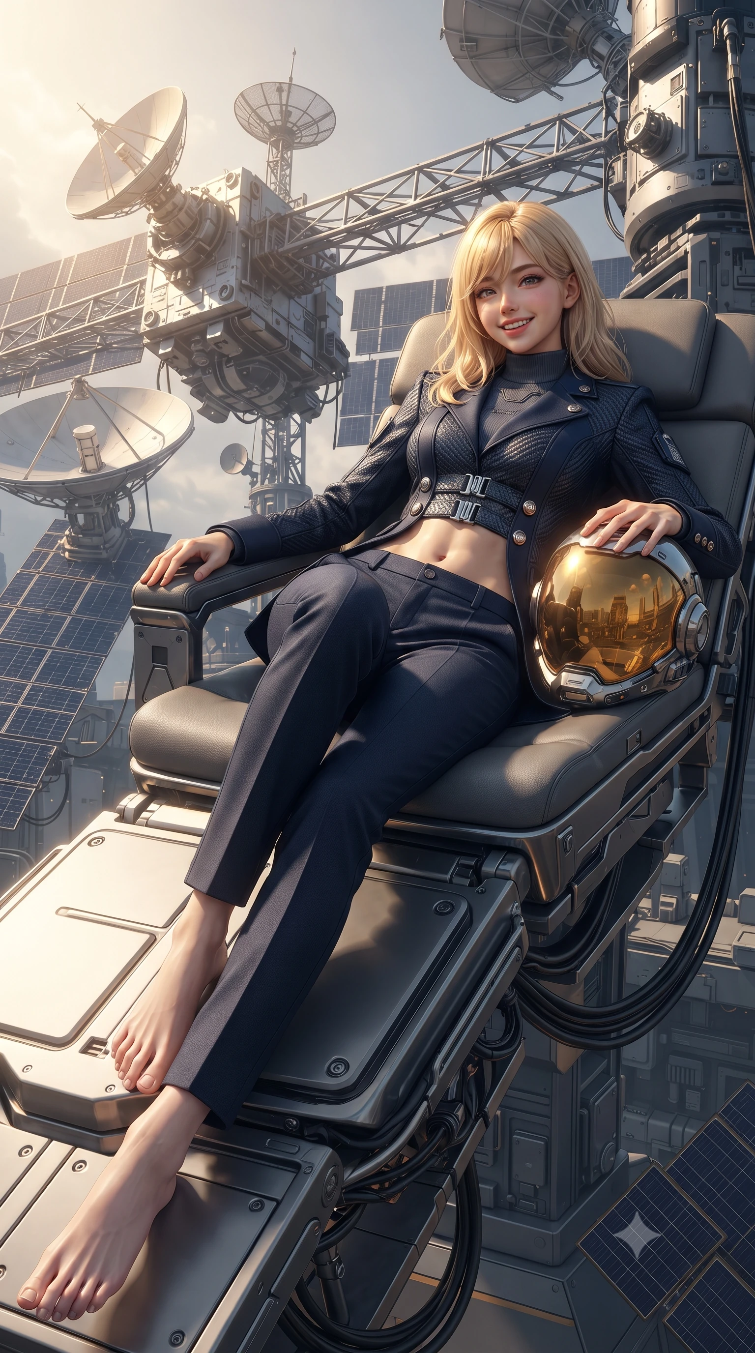 score_9, masterpiece, best quality, ultra-detailed, high-budget anime keyframe, editorial fashion photography, tasteful artistic composition, Japanese woman. low angle full-body shot from head to toe showing her feet, filling the entire 9:16 vertical frame with her statuesque presence, stretching her vertical silhouette. reclining gracefully across the plush chaise lounge with one leg extended, her sculpted silhouette and flat midriff radiating magnetic nocturnal glamour while lounging gracefully across the exterior maintenance pod seat propped on one elbow with legs extended, displaying her long slender limbs and statuesque hourglass silhouette. The surrounding environment is rendered in vivid detail and crisp panoramic clarity: detailed high-tech tactical gear, sleek bodycon lines, and colossal satellite engineering in high resolution. She has an exceptionally tall and slender model-like 8.5-heads proportion, an ultra-slim waist, a flat toned midriff, narrow delicate ribcage, and beautifully sculpted feminine hips creating a graceful, slim hourglass silhouette without any bulky heaviness, with impossibly long slender legs. sharp v-shaped jawline, high-bridge nose, intricate jewel-like sparkling eyes with depth, thick eyelashes, glossy parted lips with a natural peach sheen, bright cheerful beaming smile with an enchanting and coquettish sensual glint, exuding both youthful cute charm and seductive allure, flawlessly proportioned anatomical accuracy, strict slender model proportions, natural body alignment, perfectly sculpted long slender limbs, ultra-slim waistline, clean dynamic posture without body distortion. wearing a structured cyber-infantry dress uniform jacket with carbon-fiber chest plating and brass buttons over a mock-neck top and tailored wool trousers in midnight carbon navy and polished chrome, woven from structured carbon-fiber jacquard with rich textural depth, finished with sleek magnetic buckle closures fluttering in the breeze, the bespoke structured tailoring following the natural line of her 8.5-heads silhouette with refined elegance. bathed in the blinding warm golden 3500K solar radiance filtered through polarizing helmet smart-glass. ultra-reflective glossy finish, specular highlights, rich textural contrasts, high-contrast stereoscopic depth, volumetric dynamic lighting, 2k, ultra detail, master piece, 9:16 ratio