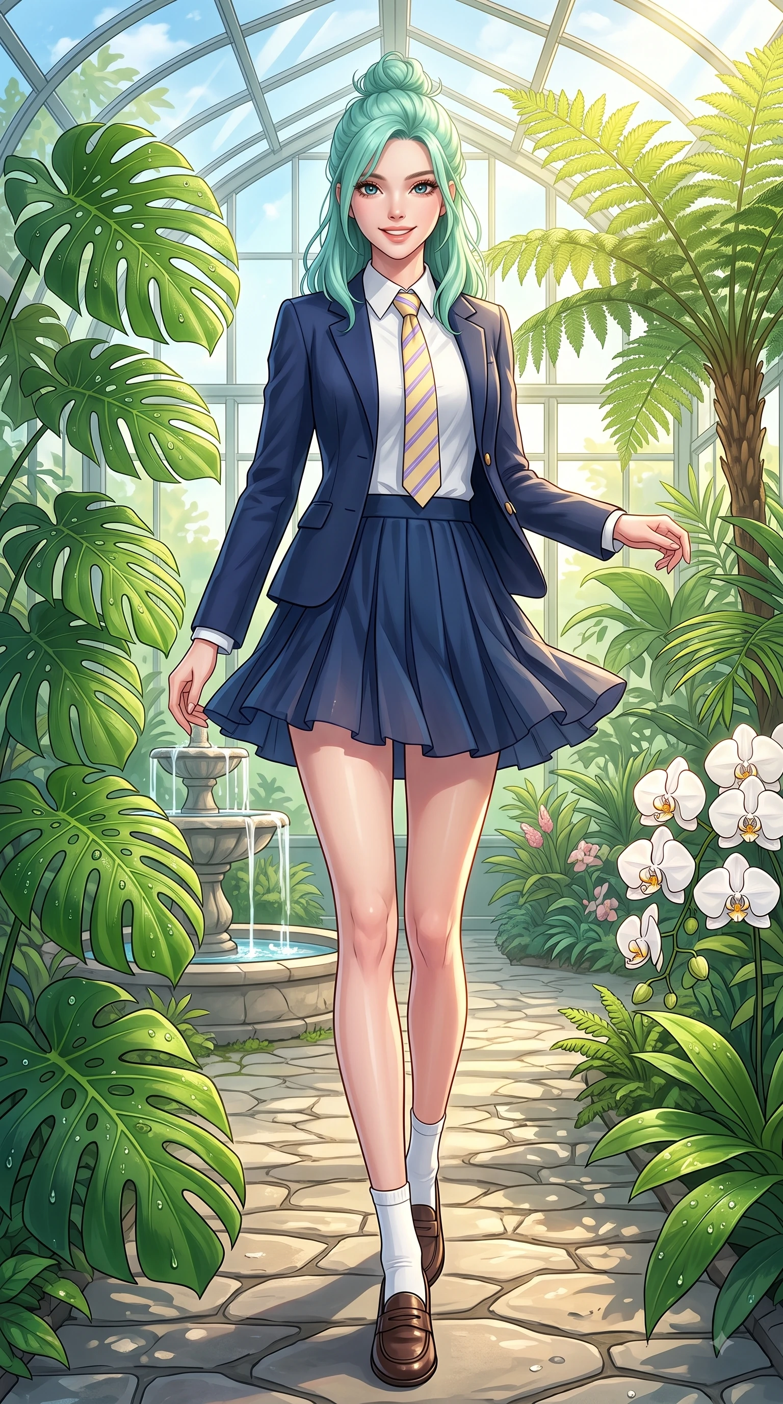 score_9, masterpiece, best quality, ultra-detailed, high-budget anime keyframe, editorial fashion photography, tasteful artistic composition, Japanese woman. low angle full-body shot from head to toe showing her feet, filling the entire 9:16 vertical frame with her statuesque presence, stretching her vertical silhouette. pivoting dynamically with a fresh infectious smile, her ultra-slim waist creating a sweeping fluid curve while strolling happily along a stone garden path amidst towering tropical ferns and blooming white orchids. The surrounding environment is rendered in vivid detail and crisp panoramic clarity. dewdrops on Monstera leaves, stone fountain details, and clear glass geometric panels rendered in crisp resolution. She has an absolutely perfect, statuesque 8.5-heads proportion, an exceptionally tall and slender model-like female figure with impossibly long slender legs and an ultra-slim waist. sharp v-shaped jawline, high-bridge nose, intricate jewel-like eyes with depth, thick eyelashes, glossy lips with a natural sheen, flawlessly proportioned anatomical accuracy, natural body alignment, perfectly sculpted elegant limbs, clean dynamic posture without body distortion. wearing a preppy academy blazer over a crisp collared shirt, navy pleated skirt, and a slim necktie in soft lemon yellow and lavender violet, made of fine lightweight chiffon that flutters gently in the breeze, featuring elegant flutter sleeves and a graceful square neckline, the soft airy drape swaying gracefully with her dynamic movements. bathed in bright golden sunlight filtering through conservatory glass panes. highly saturated vibrant anime colors, detailed shading with soft gradients, rich glossy textures, high-contrast stereoscopic depth, volumetric dynamic lighting, master piece, 9:16 ratio