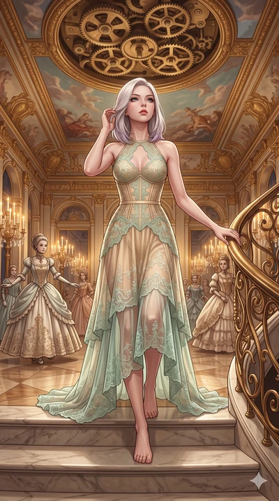 score_9, masterpiece, best quality, ultra-detailed, high-budget anime keyframe, editorial fashion photography, tasteful artistic composition, Caucasian woman, strictly human ears. low angle full-body shot from head to toe showing her feet, filling th