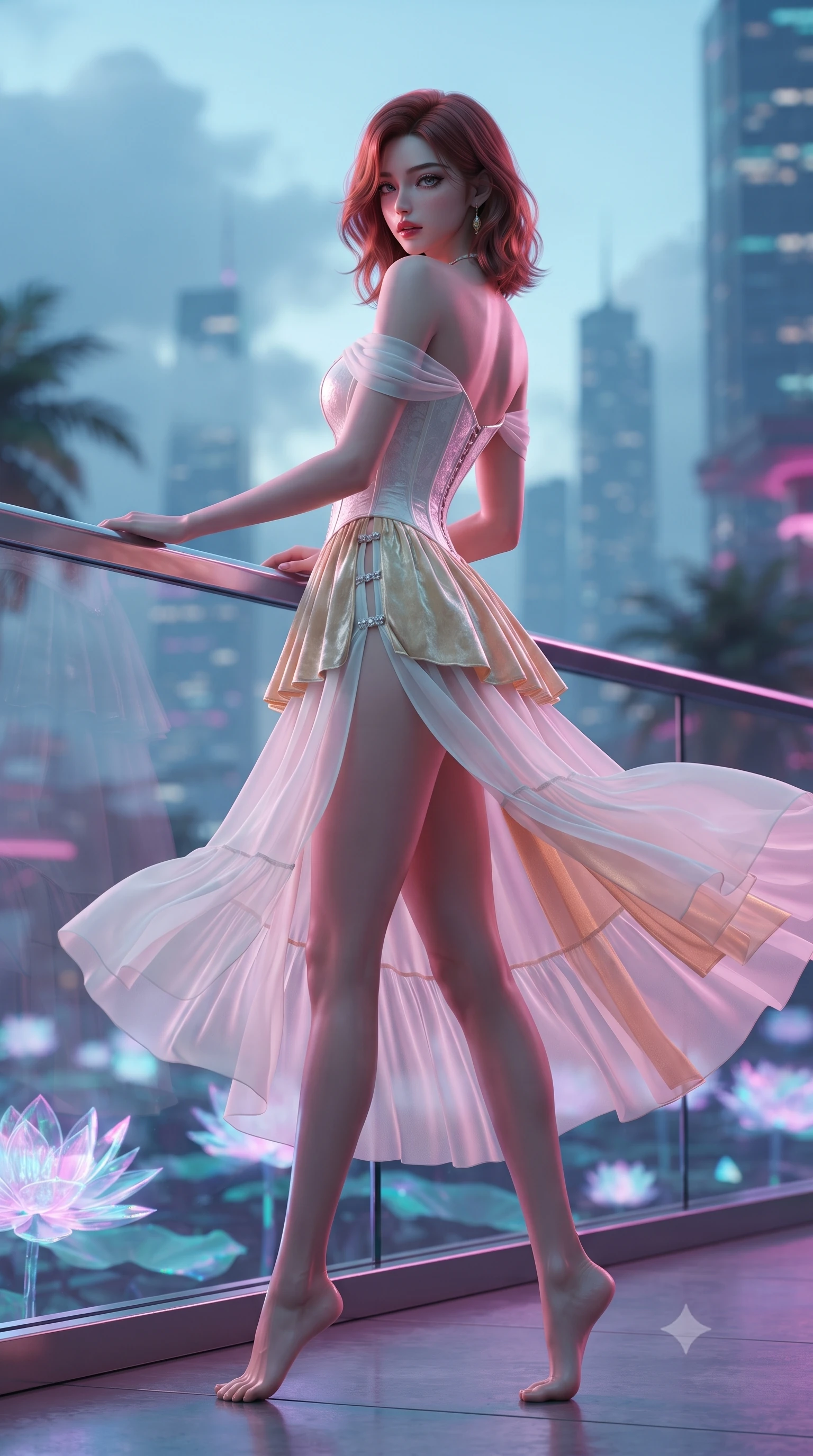 score_9, masterpiece, best quality, ultra-detailed, high-budget anime keyframe, editorial fashion photography, tasteful artistic composition, Korean woman. low angle full-body shot from head to toe showing her feet, filling the entire 9:16 vertical frame with her statuesque presence, stretching her vertical silhouette. executing an elegant mid-motion pivot turn as garments swirl around her slender limbs, glancing over her shoulder with an intoxicating bedroom-gaze while leaning deep against the transparent skybridge railing with hips cocked back, looking over her bare shoulder with bedroom-eyes as holographic lotus flowers bloom below. The composition keeps background elements in soft focus with creamy bokeh. distant futuristic marina skyscrapers and tropical mist clouds softened in sleek cyberpunk shallow focus. She has an exceptionally tall and slender model-like 8.5-heads proportion, an ultra-slim waist, a flat toned midriff, narrow delicate ribcage, and beautifully sculpted feminine hips creating a graceful, slim hourglass silhouette without any bulky heaviness, with impossibly long slender legs. sharp v-shaped jawline, high-bridge nose, intricate jewel-like eyes with depth, thick eyelashes, glossy parted lips with a natural sheen, intensely captivating and seductive bedroom-eyes expression, flawlessly proportioned anatomical accuracy, strict slender model proportions, natural body alignment, perfectly sculpted long slender limbs, ultra-slim waistline, clean dynamic posture without body distortion. wearing an off-shoulder French court corset bodice dress paired with a tiered translucent chiffon slit skirt in pure alabaster white and sun-kissed gold, crafted from heavyweight crushed silk velvet with liquid vintage luster, finished with an ultra-high side slit secured by miniature jeweled clasps, the precision-cut side openings and low-back scoop framing her graceful spine and the sensual sweep of her slim, toned hips. bathed in rich magenta and cyan bioluminescent light contrasting with warm tropical ambient twilight. ultra-reflective glossy finish, specular highlights, rich textural contrasts, high-contrast stereoscopic depth, volumetric dynamic lighting, 2k, ultra detail, master piece, 9:16 ratio