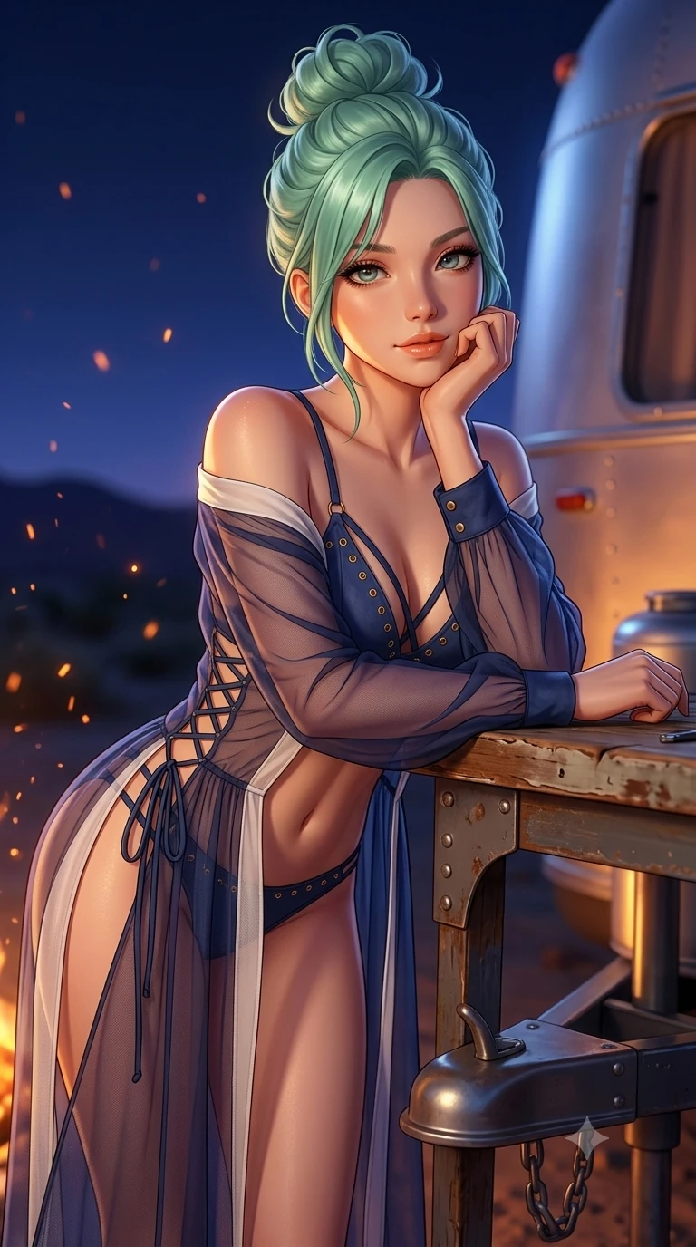 score_9, masterpiece, best quality, ultra-detailed, high-budget anime keyframe, semi-realistic 3D game render, editorial fashion photography, tasteful artistic composition, Japanese woman. close-up cowboy shot from the waist and thighs up, the character dominates the composition, filling the frame with her large presence. resting one elbow on the workbench and supporting her chin, leaning close to the camera with heavy-lidded sparkling eyes and parted lips while twisting her slender torso in an alluring contrapposto stance beside the trailer hitch, warm fire embers and aluminum reflections tracing her flat midriff and hips. The background shows a soft-focus curved aluminum trailer reflections softened in magical desert night shallow focus. She has an exceptionally elegant, slender, and willowy female figure with an ultra-slim waist, flat toned midriff, narrow ribcage, and sculpted feminine hips creating an alluring, slim hourglass silhouette without bulk. sharp v-shaped jawline, high-bridge nose, sparkling eyes with hypnotic seductive depth, thick curled eyelashes, glossy parted lips with a natural dewy peach sheen, alluring bedroom-eyes with an enchanting coquettish smile, exuding magnetic siren charisma and sophisticated glamour, flawlessly proportioned anatomical accuracy, strict slender model proportions, natural body alignment, perfectly sculpted long slender limbs, ultra-slim waistline, clean dynamic posture without body distortion. wearing a delicate sheer chiffon western duster robe slipping off bare shoulders over a matching strappy suede bralette in French Riviera navy and optic white with gold grommets, woven from fine semi-opaque stretch illusion mesh tracing every contour of her figure, featuring fine criss-cross lace-up side ties revealing tantalizing glimpses of her hip curve, the precision-cut side openings and low-back scoop framing her graceful spine and the sensual sweep of her slim, toned hips. bathed in the warm, dancing amber 2000K glow of crackling mesquite campfire coals contrasting with the deep twilight indigo sky. highly saturated vibrant anime colors, detailed shading with soft gradients, rich glossy textures, high-contrast stereoscopic depth, volumetric dynamic lighting, master piece, 9:16 ratio