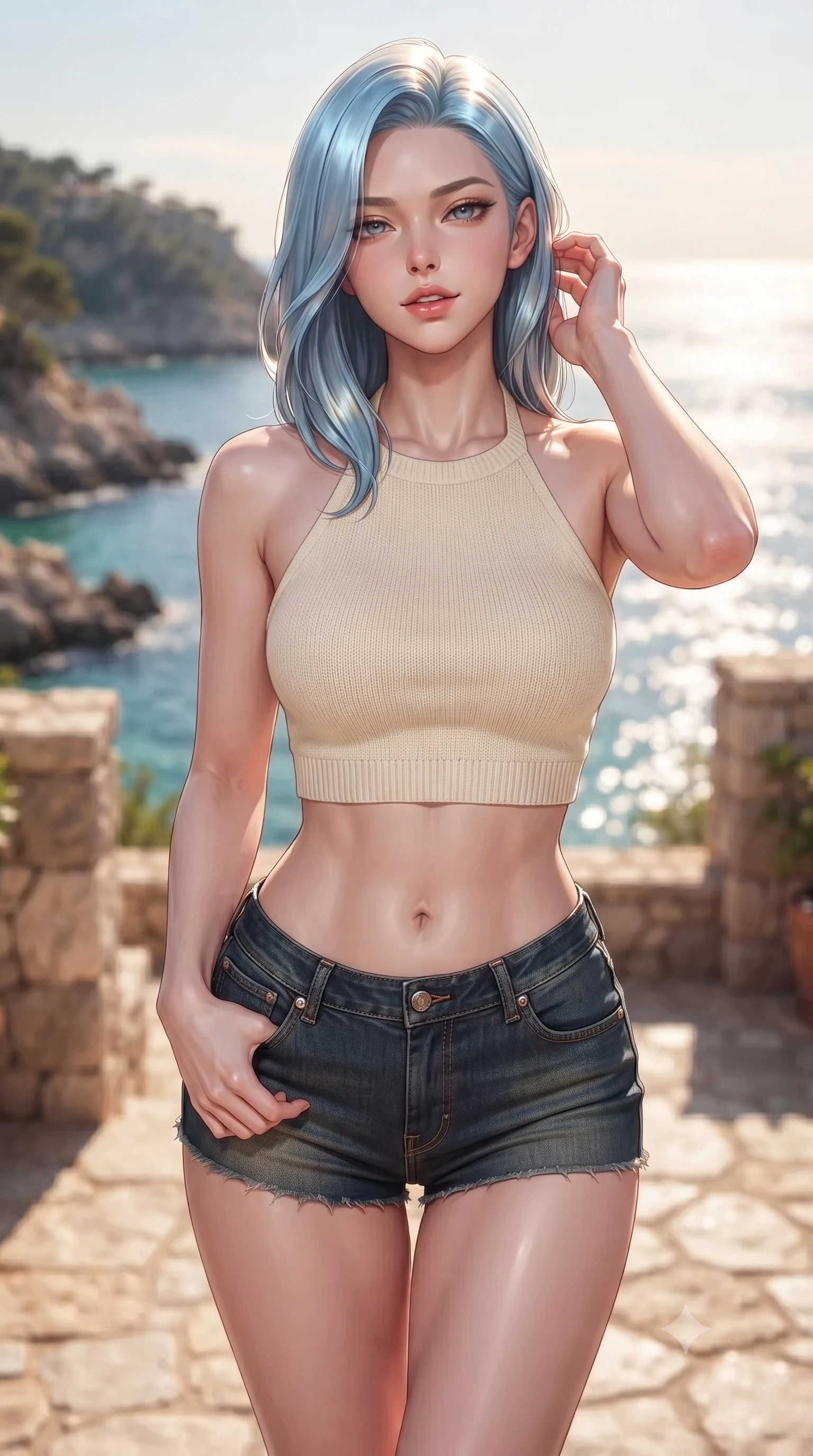score_9, masterpiece, best quality, ultra-detailed, high-budget anime keyframe, editorial fashion photography, tasteful artistic composition, Korean woman woman. close-up cowboy shot from the waist and thighs up, the character dominates the composition, filling the frame with her large presence, background elements kept in soft focus. tilting her chin up slightly with lips parted in a composed, provocative expression the background shows a soft-focus a stone terrace of a coastal villa overlooking a rocky bay with turquoise water. She has an exceptionally elegant, slender, and willowy female figure with an ultra-slim waist, a gracefully sculpted slender torso, and a refined silhouette. sharp v-shaped jawline, high-bridge nose, intricate jewel-like eyes with depth, thick eyelashes, glossy lips with a natural sheen. wearing a tailored chic knit halter crop top paired with denim micro-shorts, showing her delicately sculpted midriff. warm afternoon sunbeams reflecting off the ocean surface onto the terrace. ultra-reflective glossy finish, specular highlights, metallic sheen, high-contrast stereoscopic depth, volumetric dynamic lighting, 2k, ultra detail, master piece, 9:16 ratio