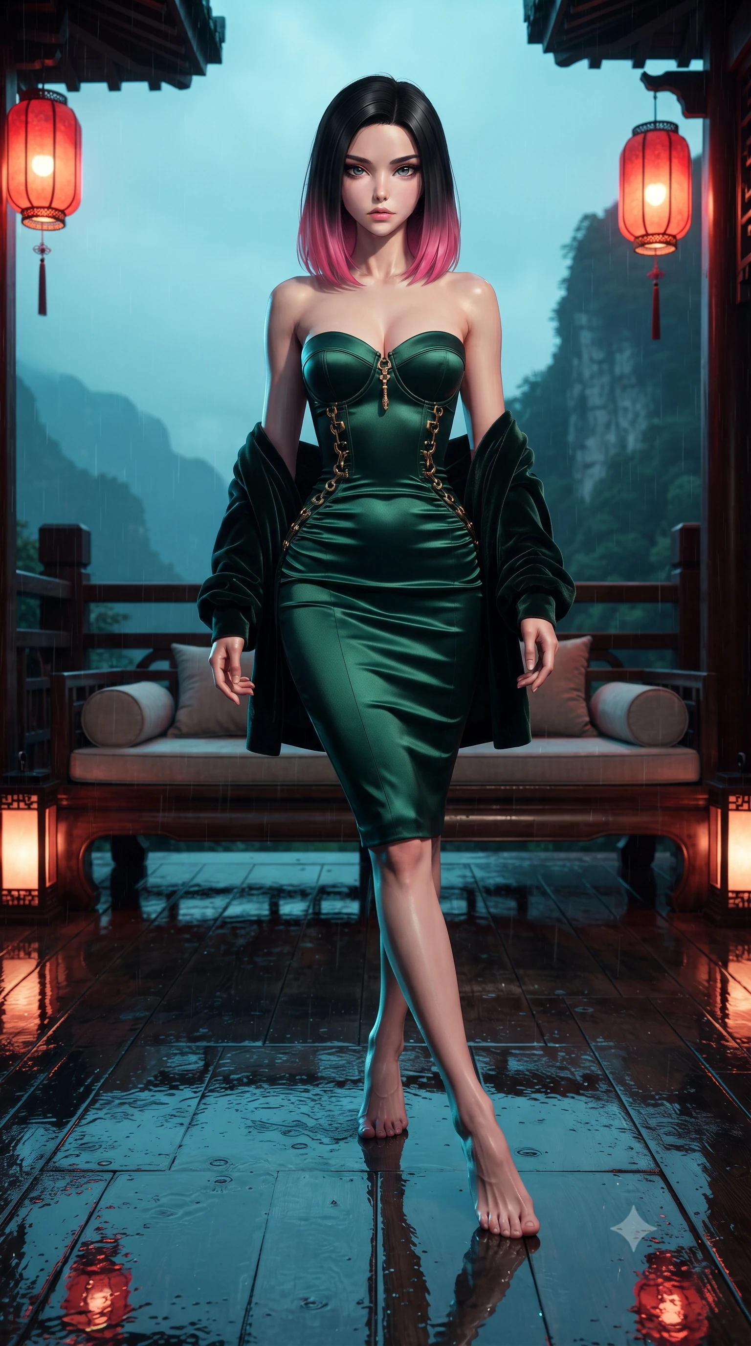 score_9, masterpiece, best quality, ultra-detailed, high-budget anime keyframe, editorial fashion photography, tasteful artistic composition, Korean woman. low angle full-body shot from head to toe showing her feet, filling the entire 9:16 vertical frame with her statuesque presence, stretching her vertical silhouette. striding forward in a proud supermodel runway stride, hips swaying in an alluring kinetic rhythm that accentuates her curvy hourglass silhouette while reclining on a lacquered daybed on the high-altitude tea terrace, her long slender legs and curvy hips bathed in warm scarlet lantern glow and cyan rain reflections. The surrounding environment is rendered in vivid detail and crisp panoramic clarity. sharp carved timber balustrade joints, wet lacquered floor reflections, and mountain cliffside rock texture in deep focus. She has an exceptionally tall and slender model-like 8.5-heads proportion, an ultra-slim waist, a flat toned midriff, narrow delicate ribcage, and beautifully sculpted feminine hips creating a graceful, slim hourglass silhouette without any bulky heaviness, with impossibly long slender legs. sharp v-shaped jawline, high-bridge nose, intricate jewel-like eyes with depth, thick eyelashes, glossy parted lips with a natural sheen, intensely captivating and seductive bedroom-eyes expression, flawlessly proportioned anatomical accuracy, strict slender model proportions, natural body alignment, perfectly sculpted long slender limbs, ultra-slim waistline, clean dynamic posture without body distortion. wearing an ultra-fitted strapless bustier midi dress with side hip ruching and exposed spine in deep emerald green satin and gold hardware, tailored from water-resistant treated wool gabardine and flexible stretch silk, complemented by a plush velvet shawl draped loosely over her elbows, the precision-cut side openings and low-back scoop framing her graceful spine and the sensual sweep of her slim, toned hips. illuminated by wet specular timber bounce lights sculpting her razor-sharp jawline, narrow waist, and curvy hips. ultra-reflective glossy finish, specular highlights, rich textural contrasts, high-contrast stereoscopic depth, volumetric dynamic lighting, 2k, ultra detail, master piece, 9:16 ratio