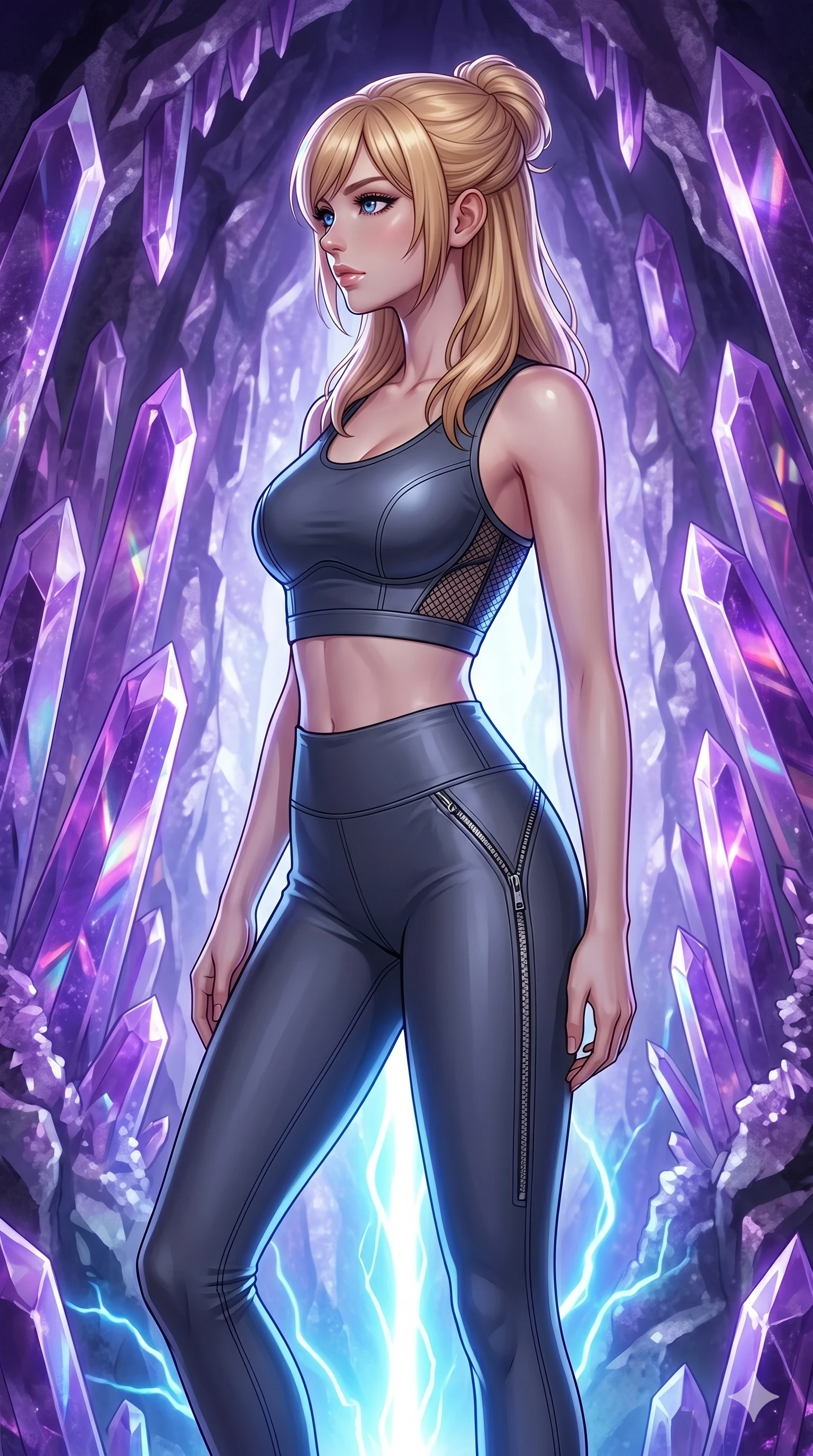 score_9, masterpiece, best quality, ultra-detailed, high-budget anime keyframe, editorial fashion photography, tasteful artistic composition, Caucasian woman, strictly human ears. cowboy shot from the thighs up, character and outfit filling the frame for maximum editorial presence. Turning her face in sharp dramatic profile against the light inside a crystalline geode cavern lined with towering amethyst spires casting violet prismatic light. She has an absolutely perfect 8-heads proportion, an exceptionally tall and slender female figure with impossibly long slender legs and an ultra-slim waist. V-shaped jawline, high-bridge nose, intricate jewel-like eyes with depth, thick eyelashes, glossy lips with a natural sheen. wearing a high-performance fitted crop sports top in deep chrome grey with sculpted structured cups and a bold graphic mesh insert at the sides, paired with matching high-waist compression leggings with side chrome zip details. highlighted by pulsing electric blue plasma arc lighting from below, casting dramatic upward shadows. 2k, ultra detail, master piece, 9:16 ratio