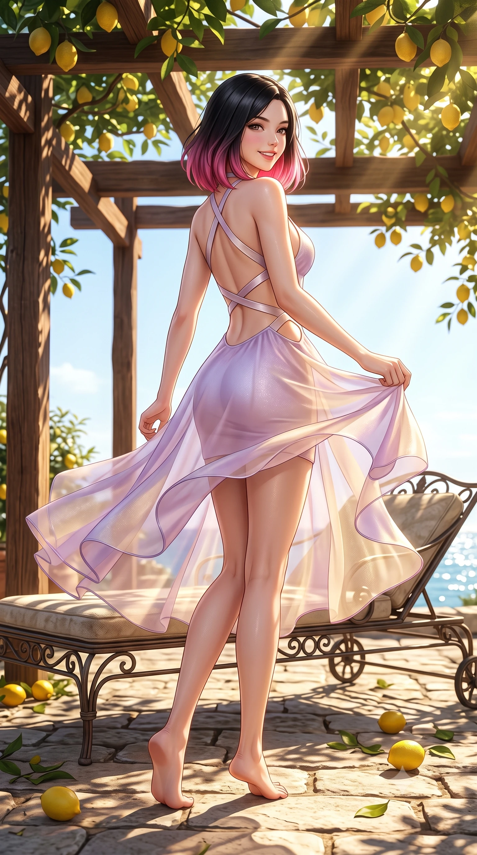 score_9, masterpiece, best quality, ultra-detailed, high-budget anime keyframe, semi-realistic 3D game render, editorial fashion photography, tasteful artistic composition, Korean woman. low angle full-body shot from head to toe showing her feet, filling the entire 9:16 vertical frame with her statuesque presence, stretching her vertical silhouette. executing a cheerful mid-motion pivot turn as her skirt flutters around her slender legs, glancing over her shoulder with an intoxicating, teasing cute expression while reclining on a vintage wrought-iron sunbed under the leafy lemon canopy, her long slender legs and feminine curves bathed in golden light. The surrounding environment is rendered in vivid detail and crisp panoramic clarity. sharp rustic chestnut wood pergola beams, rough limestone paving stones, and lemon rind texture in deep focus. She has an exceptionally tall and slender model-like 8.5-heads proportion, an ultra-slim waist, a flat toned midriff, narrow delicate ribcage, and beautifully sculpted feminine hips creating a graceful, slim hourglass silhouette without any bulky heaviness, with impossibly long slender legs. sharp v-shaped jawline, high-bridge nose, intricate jewel-like sparkling eyes with depth, thick eyelashes, glossy parted lips with a natural peach sheen, bright cheerful beaming smile with an enchanting and coquettish sensual glint, exuding both youthful cute charm and seductive allure, flawlessly proportioned anatomical accuracy, strict slender model proportions, natural body alignment, perfectly sculpted long slender limbs, ultra-slim waistline, clean dynamic posture without body distortion. wearing a backless pastel halter sundress with side-waist diamond cutouts and an ultra-fitted hip-hugging silhouette in soft lilac and champagne shimmer, woven from layered gossamer organza with weightless flutter, finished with criss-cross back satin straps highlighting her graceful shoulder blades, the precision-cut side openings and low-back scoop framing her graceful spine and the sensual sweep of her slim, toned hips. illuminated by intense specular sea surface glints defining her sculpted collarbones, narrow waist, and curvy hips. highly saturated vibrant anime colors, detailed shading with soft gradients, rich glossy textures, high-contrast stereoscopic depth, volumetric dynamic lighting, master piece, 9:16 ratio