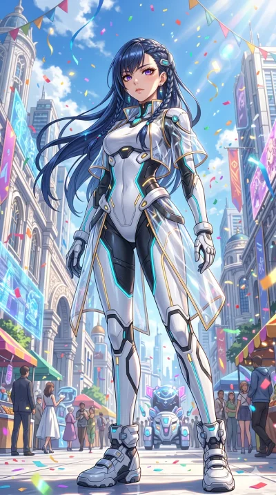 score_9, masterpiece, best quality, ultra-detailed, High-budget Anime Keyframe, beautiful Japanese anime girl. Low angle cowboy shot filling the entire 9:16 frame with her statuesque presence. Standing in a rain of colorful confetti on a grand parade