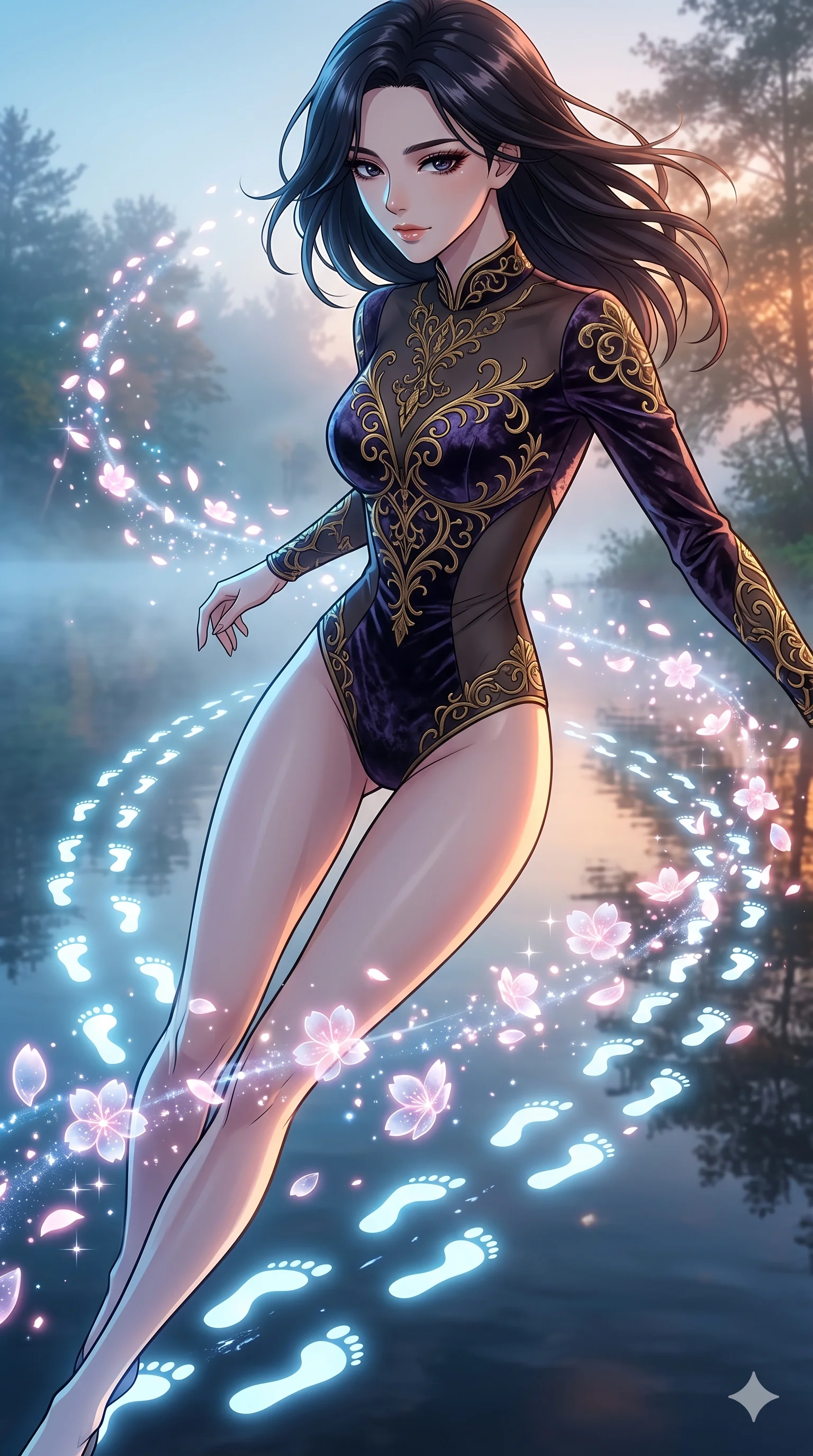 score_9, masterpiece, best quality, ultra-detailed, Set A: High-budget Anime Keyframe, Korean woman. Upper body close-up from the thighs up, character filling the screen for maximum presence. Sliding through a misty lakeside at dawn, as she leaves a trail of 68 glowing footprints and surrounded by digital sakura petals. She has an absolutely perfect 8-heads proportion, an exceptionally tall and slender female figure with impossibly long slender legs and an ultra-slim waist. Sharp v-shaped jawline, high-bridge nose, intricate jewel-like eyes with depth, thick eyelashes, glossy lips with a natural sheen. Wearing Crushed dark velvet bodysuit with golden filigree and sheer fabric transparency. Cinematic lighting, vibrant colors, dramatic shadows, 2k, ultra detail, master piece, 9:16 ratio
