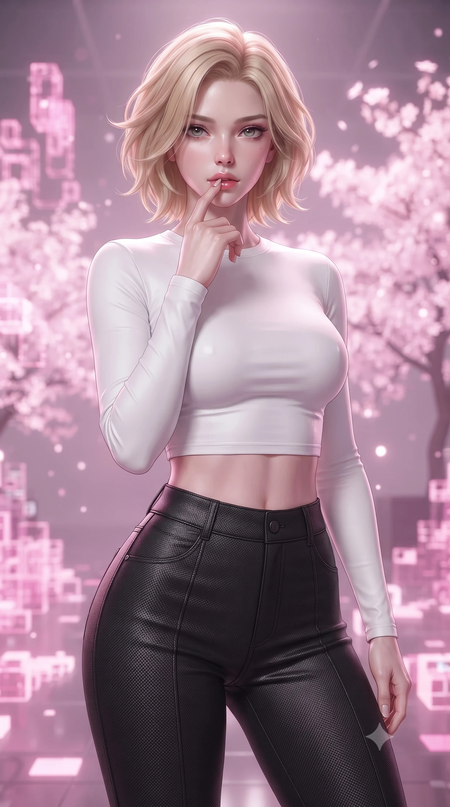 score_9, masterpiece, best quality, ultra-detailed, high-budget anime keyframe, editorial fashion photography, tasteful artistic composition, Caucasian woman. close-up cowboy shot from the waist and thighs up, the character dominates the composition, filling the frame with her large presence, background elements kept in soft focus. pressing one finger to her bottom lip in a thoughtful, composed gesture, locking eyes with the viewer, the background shows a soft-focus a holographic arena with virtual cherry blossom trees made of glowing pink pixels. She has an exceptionally elegant, slender, and willowy female figure with an ultra-slim waist, a gracefully sculpted slender torso, and a refined silhouette. sharp v-shaped jawline, high-bridge nose, intricate jewel-like eyes with depth, thick eyelashes, glossy lips with a natural sheen. wearing a tailored body-hugging long-sleeve tactical crop top in pure white, paired with high-waisted black carbon-weave skinny pants. soft pink digital light diffusing through the room, creating a dreamy wash. ultra-reflective glossy finish, specular highlights, metallic sheen, high-contrast stereoscopic depth, volumetric dynamic lighting, 2k, ultra detail, master piece, 9:16 ratio