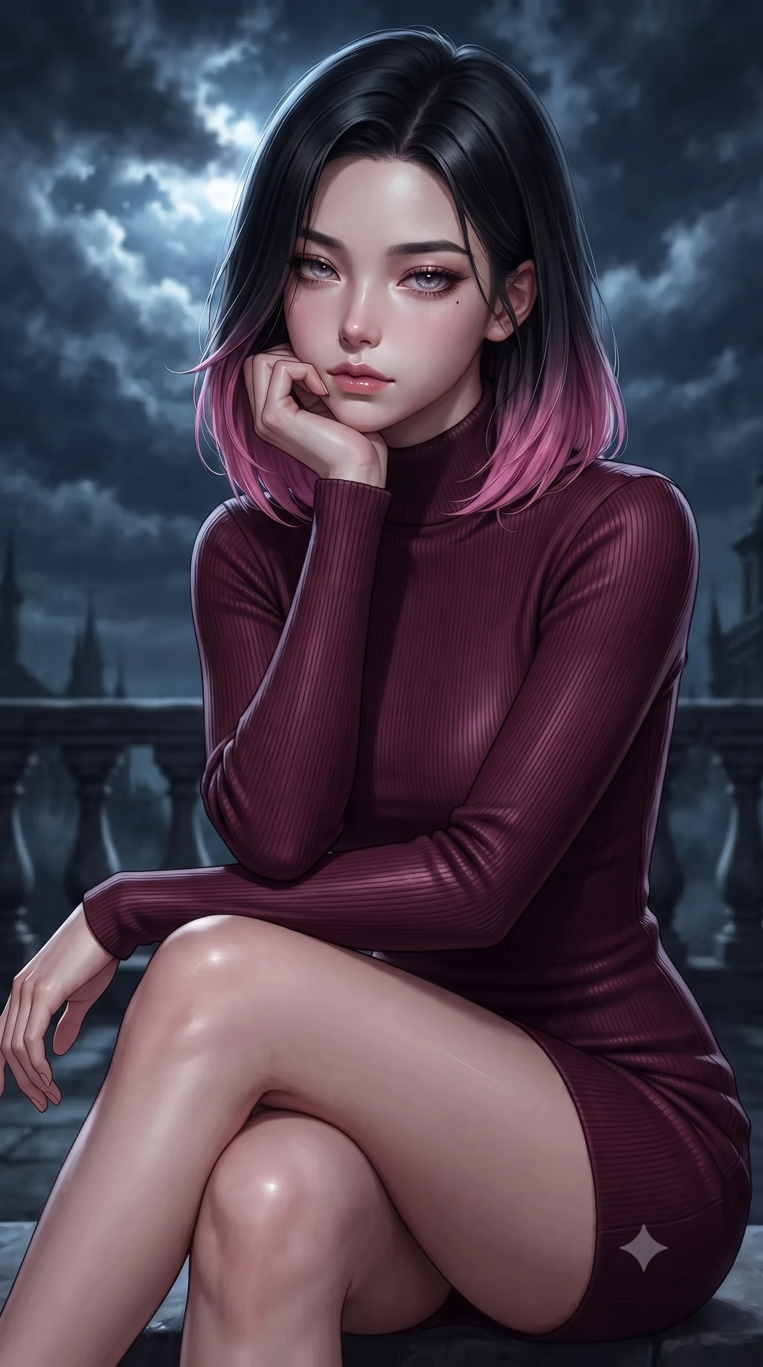 score_9, masterpiece, best quality, ultra-detailed, high-budget anime keyframe, editorial fashion photography, tasteful artistic composition, Korean woman. close-up cowboy shot from the waist and thighs up, the character dominates the composition, filling the frame with her large presence, background elements kept in soft focus. resting her chin on the backs of her fingers, casting a heavy-lidded, sultry look past the camera the background shows a soft-focus a gothic estate balustrade facing a stormy night sky with swirling dark clouds. She has an exceptionally elegant, slender, and willowy female figure with an ultra-slim waist, a gracefully sculpted slender torso, and a refined silhouette. sharp v-shaped jawline, high-bridge nose, intricate jewel-like eyes with depth, thick eyelashes, glossy lips with a natural sheen. wearing a tailored form-contouring bodycon sweater dress in deep burgundy, featuring a snug mock-neck. cool silver moonlight breaking through cloud gaps to illuminate her posture. ultra-reflective glossy finish, specular highlights, metallic sheen, high-contrast stereoscopic depth, volumetric dynamic lighting, 2k, ultra detail, master piece, 9:16 ratio