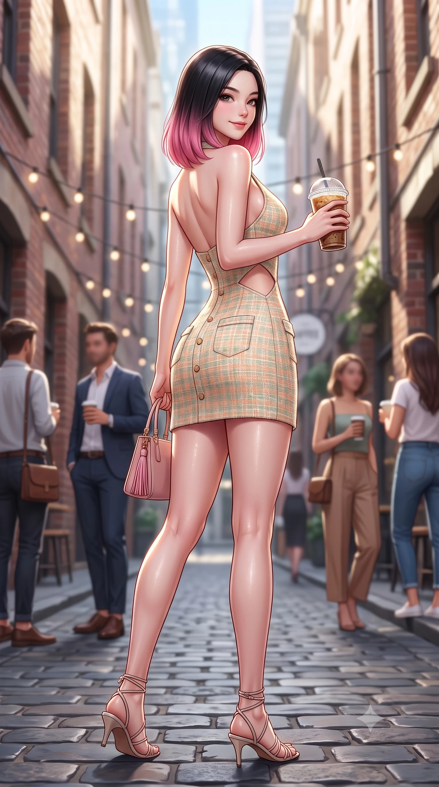 score_9, masterpiece, best quality, ultra-detailed, high-budget anime keyframe, semi-realistic 3D game render, editorial fashion photography, tasteful artistic composition, Korean woman. low angle full-body shot from head to toe showing her feet, filling the entire 9:16 vertical frame with her statuesque presence, stretching her vertical silhouette. posing with back turned slightly to the lens, glancing back with an enchanting, playful smile as she arches her lower back to emphasize her sculpted feminine hips and slender waist while walking down the lively cobblestone laneway with an iced coffee in hand, her form-contouring casual chic outfit accentuating her narrow waist and hips. The composition keeps background elements in soft focus with dreamy creamy bokeh. dappled laneway light and passing stylish coffee-drinkers softened in trendy Melbourne shallow focus. She has an exceptionally tall and slender model-like 8.5-heads proportion, an ultra-slim waist, a flat toned midriff, narrow delicate ribcage, and beautifully sculpted feminine hips creating a graceful, slim hourglass silhouette without any bulky heaviness, with impossibly long slender legs. sharp v-shaped jawline, high-bridge nose, intricate jewel-like sparkling eyes with depth, thick eyelashes, glossy parted lips with a natural peach sheen, bright cheerful beaming smile with an enchanting and coquettish sensual glint, exuding both youthful cute charm and seductive allure, flawlessly proportioned anatomical accuracy, strict slender model proportions, natural body alignment, perfectly sculpted long slender limbs, ultra-slim waistline, clean dynamic posture without body distortion. wearing a backless pastel halter sundress with side-waist diamond cutouts and an ultra-fitted hip-hugging silhouette in soft apricot and sage green, tailored from soft pastel tweed with subtle metallic shimmer, finished with neat front wooden buttons and delicate pocket details, the liquid-tight tailored fabric clinging flawlessly to her narrow waist and rounded feminine hips, emphasizing every millimeter of her sculpted slim hourglass curves without any bulky heaviness. bathed in filtered morning sunlight slicing down between tall laneway brick buildings. highly saturated vibrant anime colors, detailed shading with soft gradients, rich glossy textures, high-contrast stereoscopic depth, volumetric dynamic lighting, master piece, 9:16 ratio