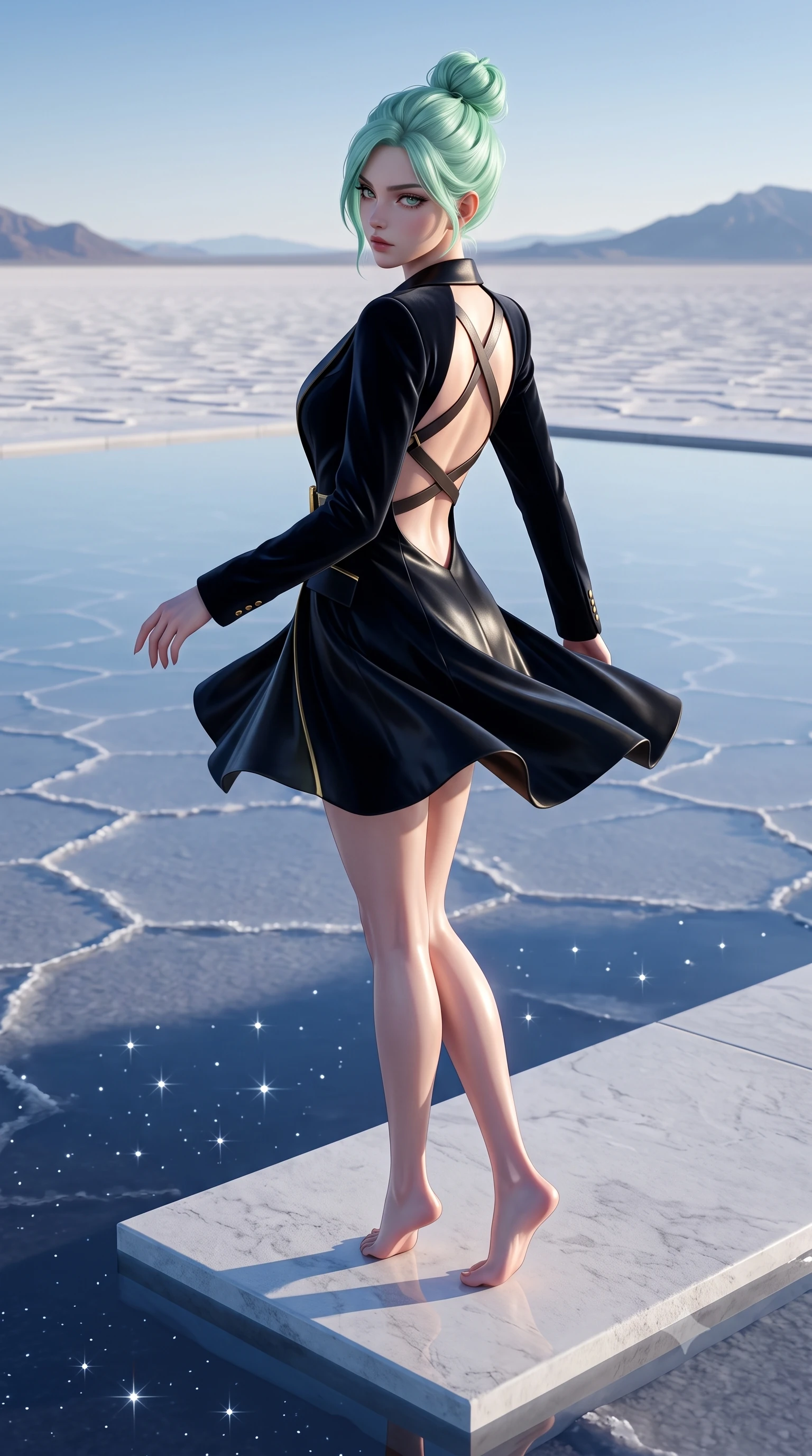 score_9, masterpiece, best quality, ultra-detailed, high-budget anime keyframe, semi-realistic 3D game render, editorial fashion photography, tasteful artistic composition, Japanese woman. low angle full-body shot from head to toe showing her feet, filling the entire 9:16 vertical frame with her statuesque presence, stretching her vertical silhouette. executing an elegant mid-motion pivot turn as garments swirl around her slender limbs, glancing over her shoulder with an intoxicating bedroom-gaze while reclining on a minimalist white platform reflected in the mirror water, her curvy hips and long slender legs blending heaven and earth. The surrounding environment is rendered in vivid detail and crisp panoramic clarity. sharp water surface mirror reflections, hexagonal salt crust polygons beneath water, and starlight points in deep focus. She has an exceptionally tall and slender model-like 8.5-heads proportion, an ultra-slim waist, a flat toned midriff, narrow delicate ribcage, and beautifully sculpted feminine hips creating a graceful, slim hourglass silhouette without any bulky heaviness, with impossibly long slender legs. sharp v-shaped jawline, high-bridge nose, intricate jewel-like eyes with depth, thick eyelashes, glossy parted lips with a natural sheen, intensely captivating and seductive bedroom-eyes expression, flawlessly proportioned anatomical accuracy, strict slender model proportions, natural body alignment, perfectly sculpted long slender limbs, ultra-slim waistline, clean dynamic posture without body distortion. wearing a tailored velvet tuxedo jacket dress with satin lapels, worn with a deep plunge neckline and gold hip buckle in midnight obsidian black and liquid gold, formed from supple second-skin lambskin leather with specular sheen, featuring an open-back criss-cross harness strap in dark leather, the form-contouring material adhering flawlessly to her sculpted flat midriff and slender torso, emphasizing her long leg lines and perfectly proportioned willowy build. illuminated by soft ambient celestial rim lighting sharply sculpting her razor-sharp jawline, narrow waist, and curvy hips. highly saturated vibrant anime colors, detailed shading with soft gradients, rich glossy textures, high-contrast stereoscopic depth, volumetric dynamic lighting, master piece, 9:16 ratio