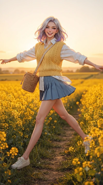 score_9, masterpiece, best quality, ultra-detailed, high-budget anime keyframe, editorial fashion photography, tasteful artistic composition, Caucasian woman. low angle full-body shot from head to toe showing her feet, filling the entire 9:16 vertica