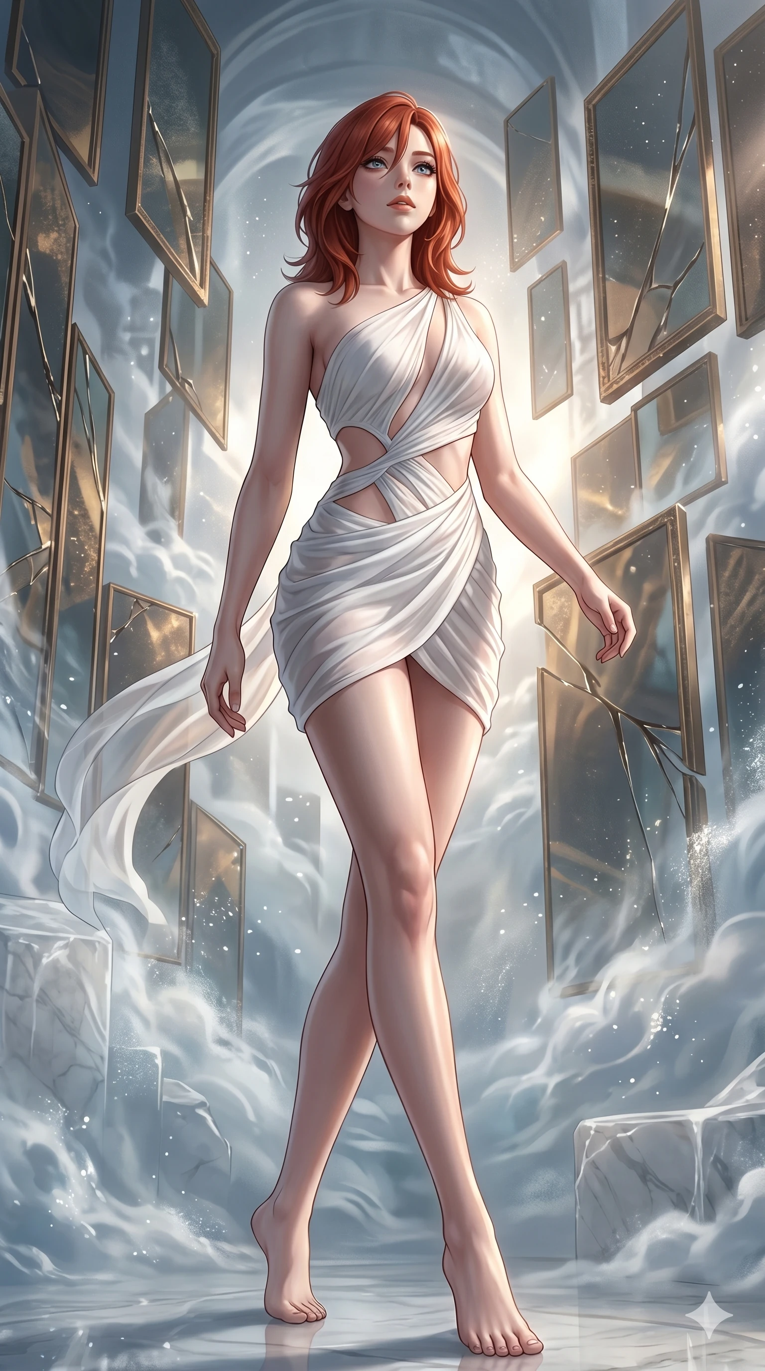 score_9, masterpiece, best quality, ultra-detailed, high-budget anime keyframe, Korean woman. low angle full-body shot filling the entire 9:16 frame with her statuesque presence, stretching the vertical silhouette. wandering through a mirage cloud cathedral of translucent marble and water mist, surrounded by floating ancient bronze mirror walls. She has an absolutely perfect 8-heads proportion, an exceptionally tall and slender female figure with impossibly long slender legs and an ultra-slim waist. V-shaped jawline, high-bridge nose, intricate jewel-like eyes with depth, thick eyelashes, glossy lips with a natural sheen.. wearing an asymmetric chiffon draped couture mini dress, featuring draped white chiffon fabric twisting around her body with elegant diamond cutouts on the waist. illuminated by dramatic chiaroscuro casting soft shadows along her curves, with vibrant backlighting highlighting the dust particles. 2k, ultra detail, master piece, 9:16 ratio