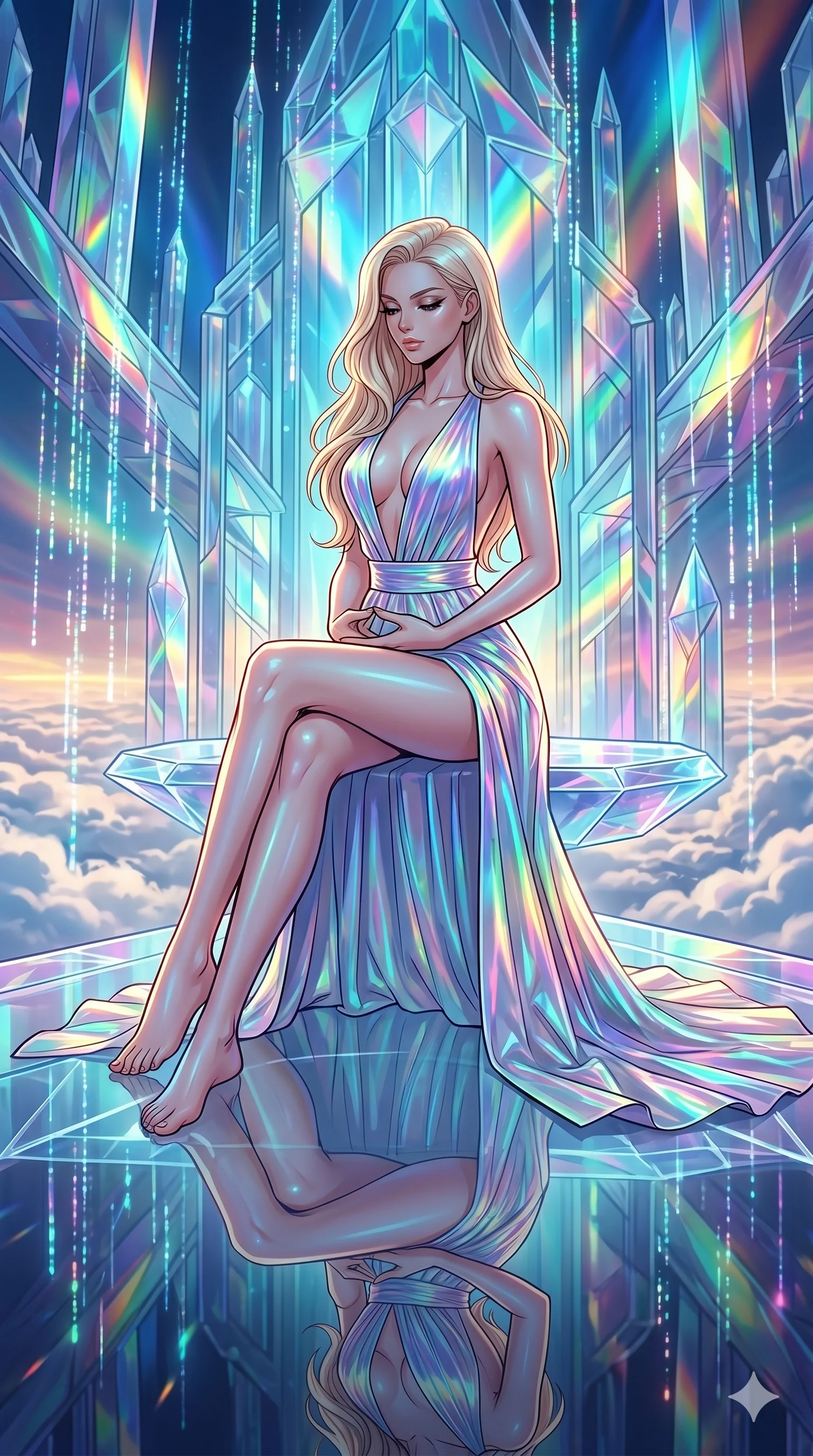 score_9, masterpiece, best quality, ultra-detailed, high-budget anime movie keyframe, cinematic anime lighting, intricate line art, Caucasian (strictly human ears) anime girl. Low angle cowboy shot filling the entire 9:16 frame with her statuesque presence. meditating peacefully in a crystal palace above the clouds with holographic rain. She has an absolutely perfect 8-heads proportion, an exceptionally tall and slender female figure with an ultra-slim waist and impossibly long slender legs. sharp v-shaped jawline, high-bridge nose, intricate jewel-like eyes, thick eyelashes, glossy lips. Wearing avant-garde high-fashion gown made of iridescent vinyl with a dangerously high side slit and a plunging neckline, revealing an ultra-slim waist and long slender legs. The scene is illuminated by dramatic atmospheric lighting and vibrant color palettes. 2k, ultra detail, master piece, 9:16 ratio