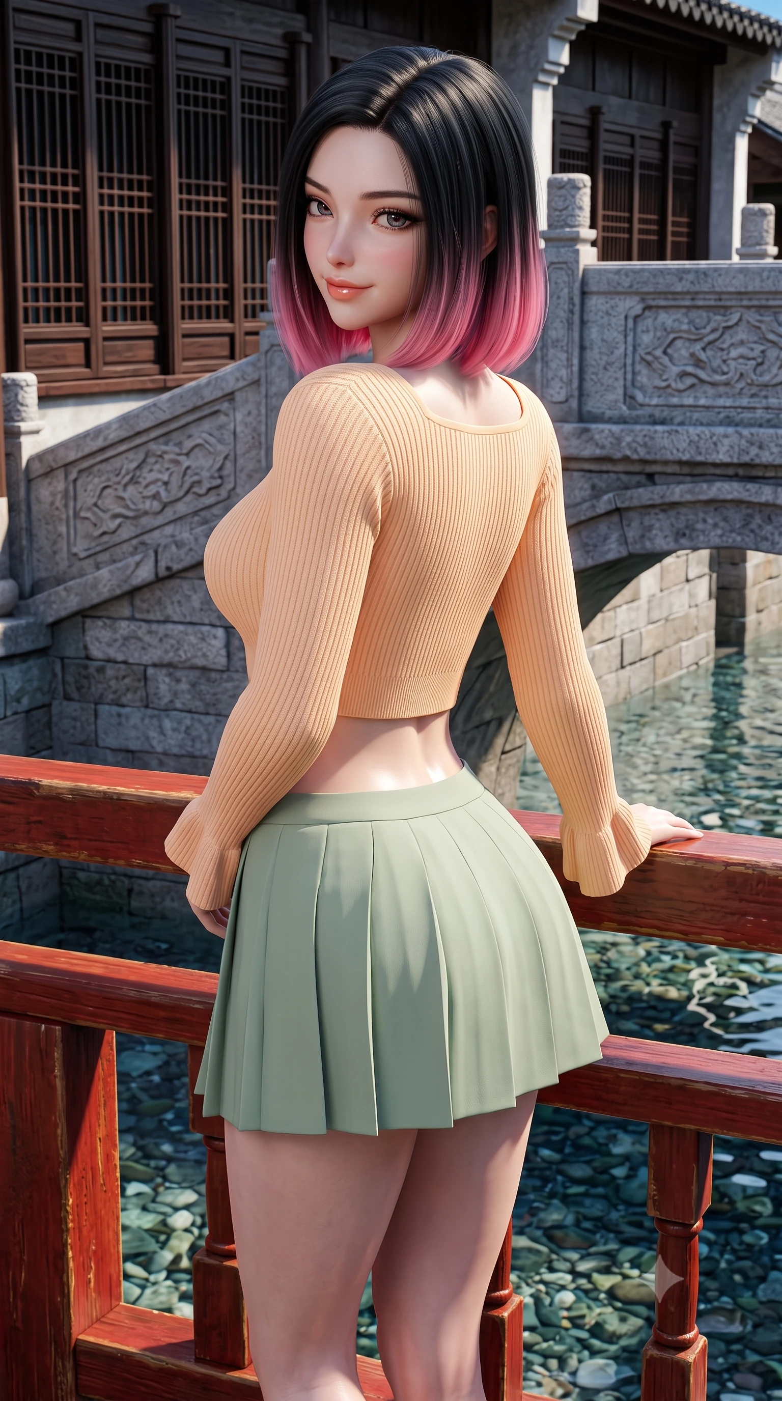 score_9, masterpiece, best quality, ultra-detailed, high-budget anime keyframe, semi-realistic 3D game render, editorial fashion photography, tasteful artistic composition, Korean woman. close-up cowboy shot from the waist and thighs up, the character dominates the composition, filling the frame with her large presence. posing in an alluring rear three-quarter angle, turning over a bare shoulder with an intoxicating cute smile, her hips cocked back to highlight her slim hourglass curve while leaning against the red-lacquered wooden bridge railing with hips cocked back, looking over a bare shoulder with shy yet deliciously coquettish eyes. The surrounding environment is rendered in vivid detail and crisp panoramic clarity. sharp carved granite bridge masonry, dark wooden lattice window screens, and canal pebble clarity in deep focus. She has an exceptionally elegant, slender, and willowy female figure with an ultra-slim waist, flat toned midriff, narrow ribcage, and sculpted feminine hips creating an alluring, slim hourglass silhouette without bulk. sharp v-shaped jawline, high-bridge nose, intricate jewel-like sparkling eyes with depth, thick eyelashes, glossy parted lips with a natural peach sheen, bright cheerful beaming smile with an enchanting and coquettish sensual glint, exuding both youthful cute charm and seductive allure, flawlessly proportioned anatomical accuracy, strict slender model proportions, natural body alignment, perfectly sculpted long slender limbs, ultra-slim waistline, clean dynamic posture without body distortion. wearing a cropped pastel ribbed knit cardigan paired with an ultra-short high-waisted pleated tennis skirt clinging tightly to her curvy hips in soft apricot and sage green, crafted from soft cozy cashmere yarn with an airy drape, featuring elegant flutter sleeves and a graceful square neckline, the form-contouring cut accentuating her sculpted flat midriff, narrow delicate ribcage, and gracefully curvy hips with supermodel precision. illuminated by crystal water specular reflections accentuating her sculpted midriff, narrow waist, and curvy hips. highly saturated vibrant anime colors, detailed shading with soft gradients, rich glossy textures, high-contrast stereoscopic depth, volumetric dynamic lighting, master piece, 9:16 ratio
