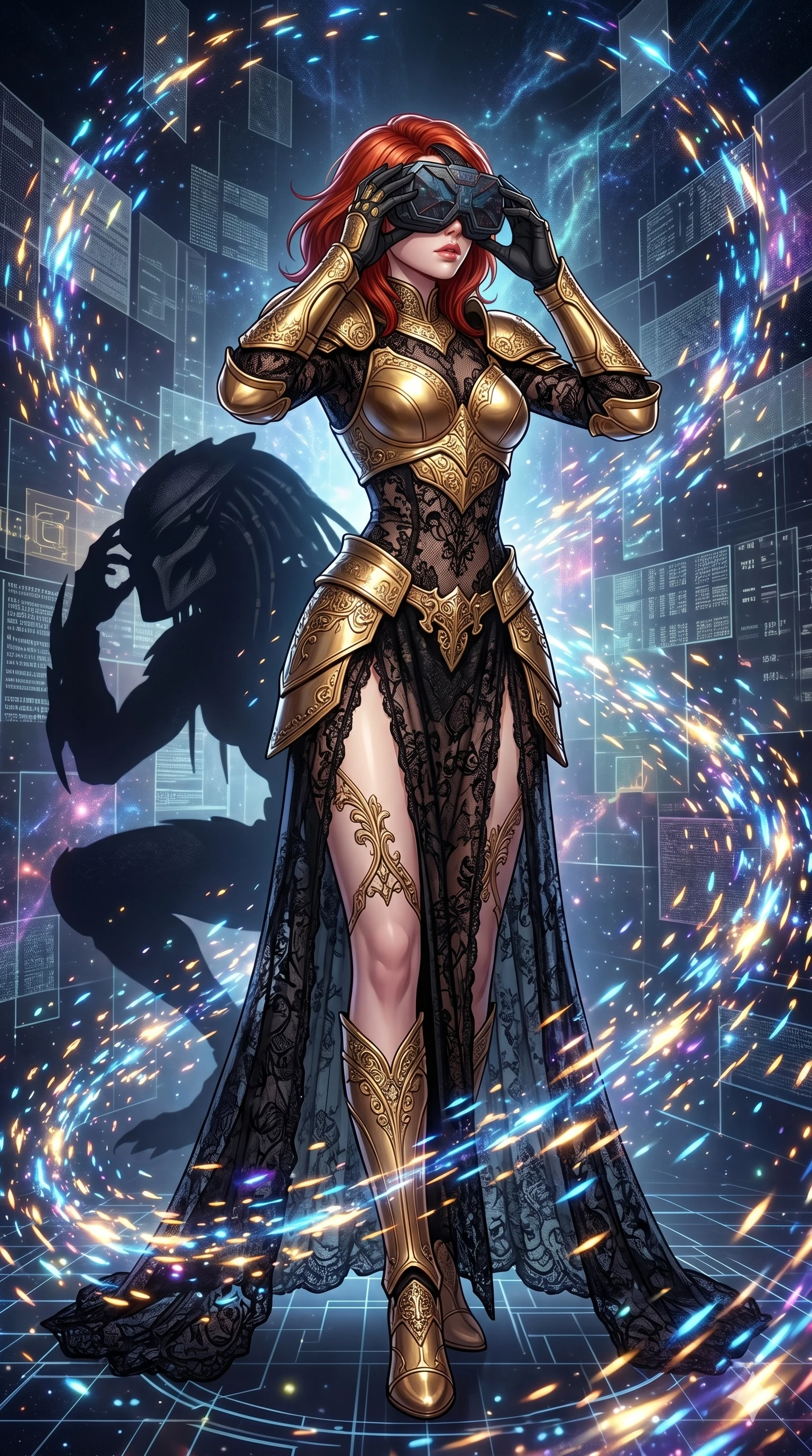 score_9, masterpiece, best quality, ultra-detailed, Set A: High-budget Anime Keyframe, Caucasian (strictly human ears) woman. Low angle cowboy shot filling the entire 9:16 frame with her statuesque presence. Adjusting a mask through a virtual reality void, while her shadow mimics the movements of a predator 255 and surrounded by glowing energy sparks. She has an absolutely perfect 8-heads proportion, an exceptionally tall and slender female figure with impossibly long slender legs and an ultra-slim waist. Sharp v-shaped jawline, high-bridge nose, intricate jewel-like eyes with depth, thick eyelashes, glossy lips with a natural sheen. Wearing Ornate gold plate armor over a sheer black lace gown with a high-slit. Cinematic lighting, vibrant colors, dramatic shadows, 2k, ultra detail, master piece, 9:16 ratio