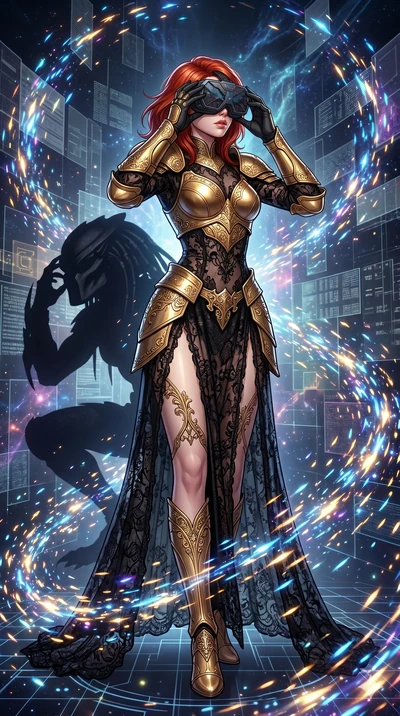 score_9, masterpiece, best quality, ultra-detailed, Set A: High-budget Anime Keyframe, Caucasian (strictly human ears) woman. Low angle cowboy shot filling the entire 9:16 frame with her statuesque presence. Adjusting a mask through a virtual reality