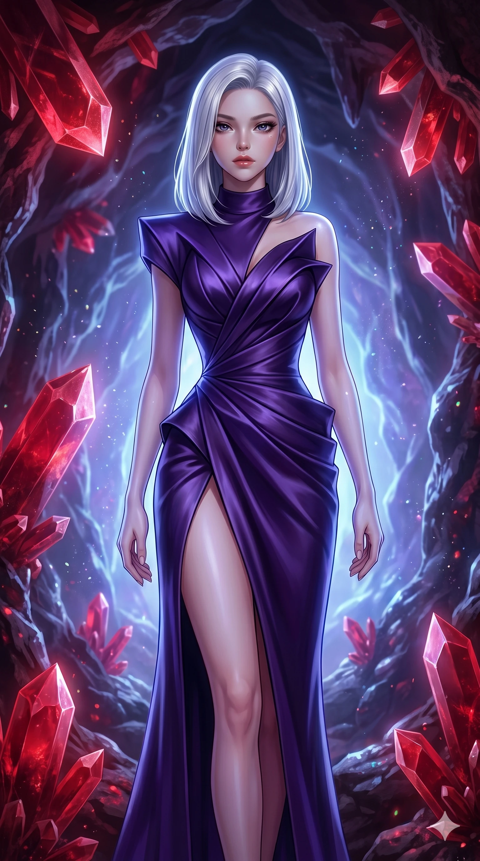 score_9, masterpiece, best quality, ultra-detailed, high-budget anime keyframe, editorial fashion photography, tasteful artistic composition, Korean woman. cowboy shot from the thighs up, character and outfit filling the frame for maximum editorial presence. Leaning slightly forward toward the viewer, her gaze intense and capturing attention inside a cave of glowing red garnet crystals casting dramatic crimson shadows, with iridescent dust particles suspended in mid-air. She has an absolutely perfect 8-heads proportion, an exceptionally tall and slender female figure with impossibly long slender legs and an ultra-slim waist. V-shaped jawline, high-bridge nose, intricate jewel-like eyes with depth, thick eyelashes, glossy lips with a natural sheen. wearing an architectural cocktail dress in deep violet satin with a structured bodice and a high front slit. bathed in a cool, ethereal blue-violet bioluminescent glow that highlights her form from all sides. 2k, ultra detail, master piece, 9:16 ratio