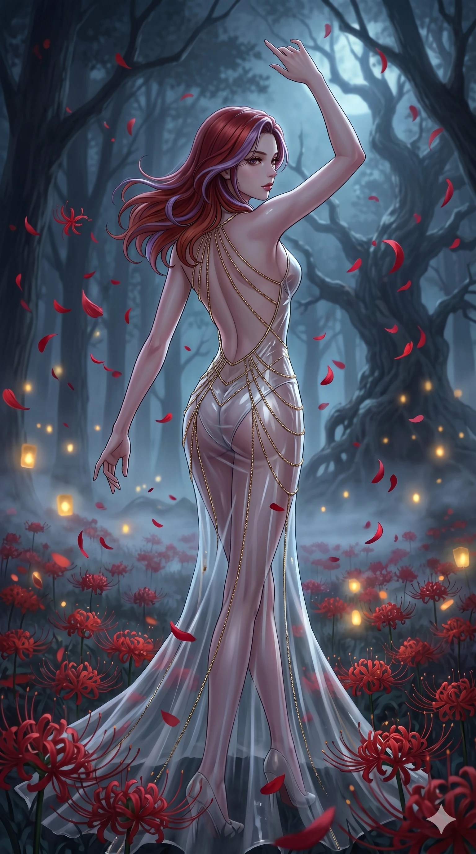 score_9, masterpiece, best quality, ultra-detailed, High-budget Anime Keyframe, East Asian woman. Low angle cowboy shot filling the entire 9:16 frame with her statuesque presence. Scenario 115: Dancing amidst falling red spider lilies in a misty dark forest. Her presence is magnetic and overpowering in this high-budget anime scene. Outfit 115: A translucent PVC designed with a graceful open-back couture and fine gold chains. The clothing is designed to emphasize her exceptionally tall and slender 8-heads proportion. 8-heads proportion, towering silhouette, ultra-slim waist. sharp v-shaped jawline, intricate jewel-like eyes with depth, thick eyelashes, glossy lips. 2k, ultra detail, master piece, 9:16 ratio