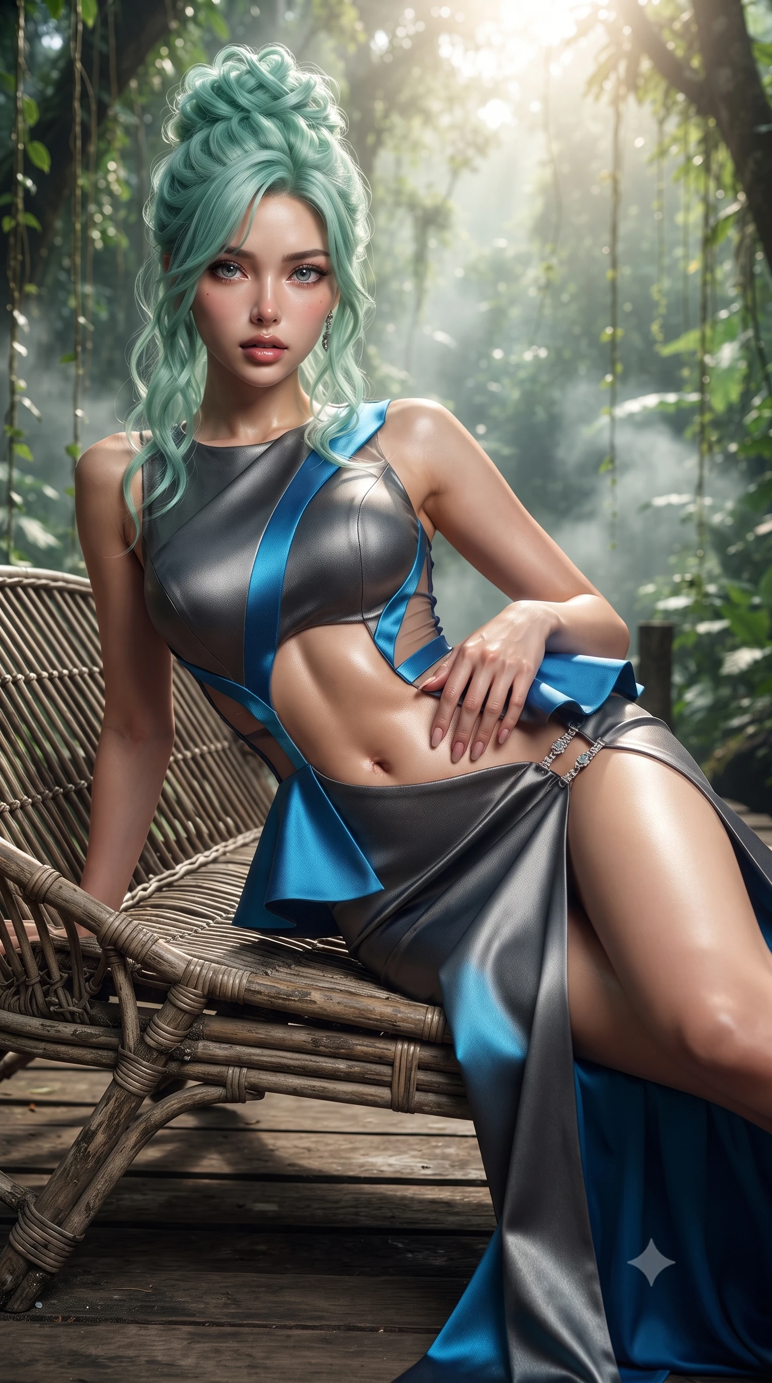 score_9, masterpiece, best quality, ultra-detailed, high-budget anime keyframe, editorial fashion photography, tasteful artistic composition, Japanese woman. close-up cowboy shot from the waist and thighs up, the character dominates the composition, filling the frame with her large presence. resting one manicured hand delicately on her hip bone, her upper body turning in a fluid, seductive S-curve while parted lips glisten in the light while reclining across a woven rattan daybed on the wooden jetty, her toned flat midriff glowing in the dappled tropical rainforest light. The composition keeps background elements in soft focus with creamy bokeh. cascading tropical vines and rising jungle mist vapors softened in exotic Indonesian shallow focus. She has an exceptionally elegant, slender, and willowy female figure with an ultra-slim waist, flat toned midriff, narrow ribcage, and sculpted feminine hips creating an alluring, slim hourglass silhouette without bulk. sharp v-shaped jawline, high-bridge nose, intricate jewel-like eyes with depth, thick eyelashes, glossy parted lips with a natural sheen, intensely captivating and seductive bedroom-eyes expression, flawlessly proportioned anatomical accuracy, strict slender model proportions, natural body alignment, perfectly sculpted long slender limbs, ultra-slim waistline, clean dynamic posture without body distortion. wearing a structural geometric peplum gown with sheer side-ribbon cutouts and form-fitting skirt in metallic gunmetal and electric azure, tailored from water-resistant treated wool gabardine and flexible stretch silk, finished with an ultra-high side slit secured by miniature jeweled clasps, the form-contouring material adhering flawlessly to her sculpted flat midriff and slender torso, emphasizing her long leg lines and perfectly proportioned willowy build. bathed in brilliant tropical sunbeams filtering through dense jungle canopy foliage. ultra-reflective glossy finish, specular highlights, rich textural contrasts, high-contrast stereoscopic depth, volumetric dynamic lighting, 2k, ultra detail, master piece, 9:16 ratio