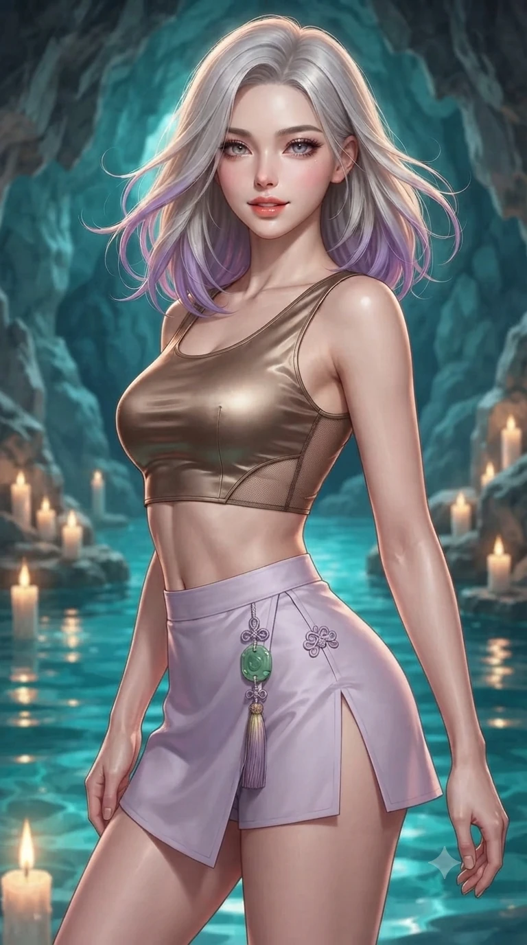 score_9, masterpiece, best quality, ultra-detailed, high-budget anime keyframe, editorial fashion photography, tasteful artistic composition, Caucasian woman. close-up cowboy shot from the waist and thighs up, the character dominates the composition, filling the frame with her large presence. turning slowly with an enchanting smoldering smile, her glossy hair tossing in the breeze as her hips angle gracefully in a captivating contrapposto while twisting her slender torso in an alluring contrapposto stance, floating candle flames and turquoise water reflections tracing her curves. The surrounding environment is rendered in vivid detail and crisp panoramic clarity: detailed semi-sheer gossamer hanbok slip dress cling, silk ribbon ties, and coastal limestone geology in razor-sharp precision. She has an exceptionally elegant, slender, and willowy female figure with an ultra-slim waist, flat toned midriff, narrow ribcage, and sculpted feminine hips creating an alluring, slim hourglass silhouette without bulk. sharp v-shaped jawline, high-bridge nose, sparkling eyes with hypnotic seductive depth, thick curled eyelashes, glossy parted lips with a natural dewy peach sheen, alluring bedroom-eyes with an enchanting coquettish smile, exuding magnetic siren charisma and sophisticated glamour, flawlessly proportioned anatomical accuracy, strict slender model proportions, natural body alignment, perfectly sculpted long slender limbs, ultra-slim waistline, clean dynamic posture without body distortion. wearing a liquid-look silk satin jeogori crop top with low-back scoop paired with high-slit wrap mini shorts in vintage bronze patina and pale wisteria lilac, featuring strategic sheer-illusion micro-mesh cutouts along her ribcage and hip flanks, finished with authentic carved jade pendants and traditional norigae knots, the impeccably tailored cut draping gracefully along her slender figure with aristocratic eastern poise. illuminated by turquoise pool water bounce and sharp cyan-gold rim lights sculpting her razor-sharp jawline, narrow waist, and curvy hips. ultra-reflective glossy finish, specular highlights, rich textural contrasts, high-contrast stereoscopic depth, volumetric dynamic lighting, 2k, ultra detail, master piece, 9:16 ratio