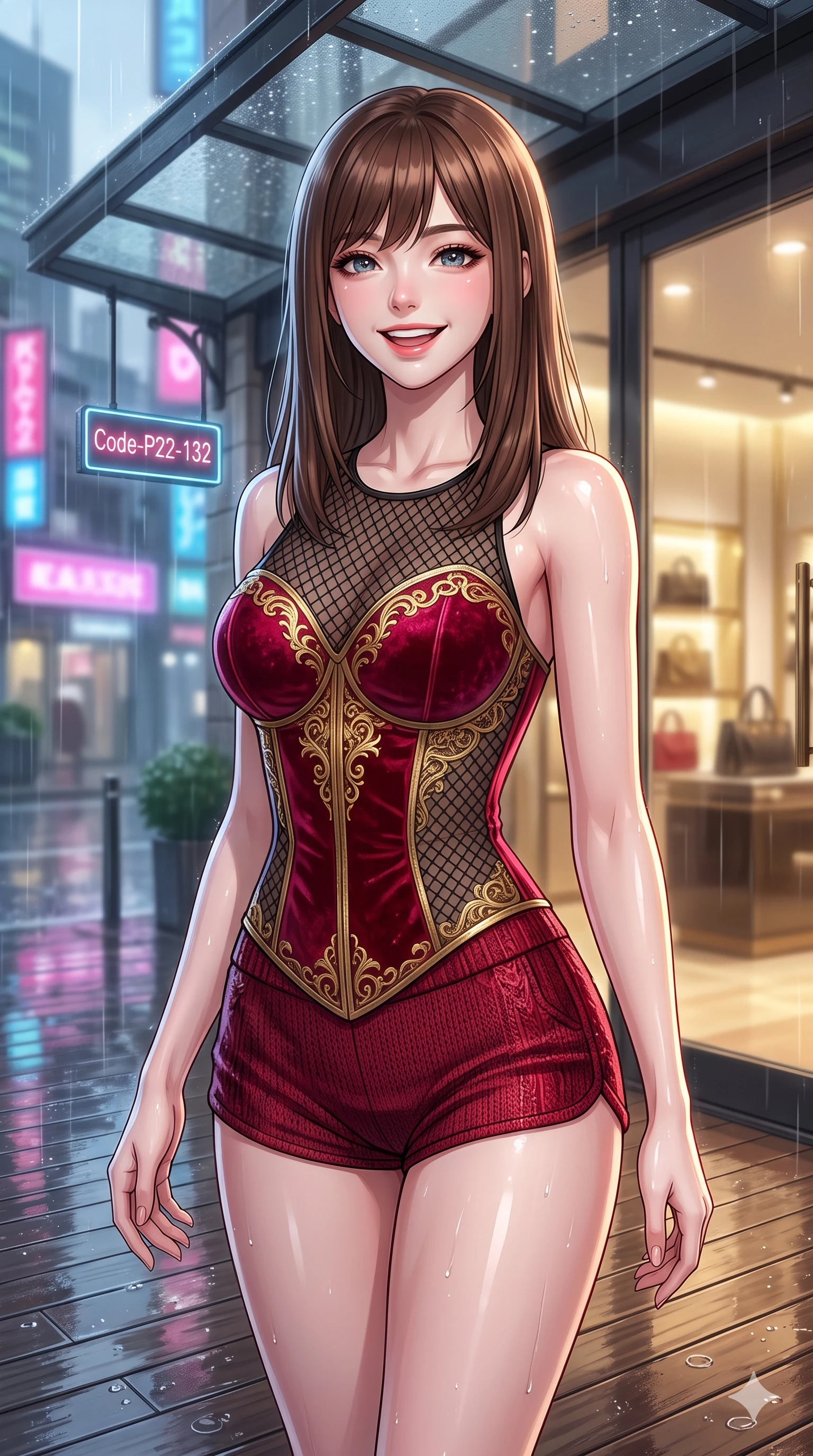 score_9, masterpiece, best quality, ultra-detailed, high-budget anime keyframe, vibrant anime aesthetic, Korean woman. close-up cowboy shot from the waist and thighs up, the character dominates the composition, filling the frame with her large presence, background elements kept in soft focus. She is posing with a bright, energetic grin, her eyes glowing with energy, with her eyes bright and full of life with a relaxed and elegant posture. the background shows a soft-focus entrance of a high-fashion boutique with a glass awning, overlooking rain-slicked city streets reflecting neon signs (Code-P22-132). She has an absolutely perfect proportion, an exceptionally elegant and slender female figure with an ultra-slim waist. V-shaped jawline, high-bridge nose, intricate jewel-like eyes with depth, thick eyelashes, glossy lips with a natural sheen. wearing a delicate mesh overlay worn over a structured velvet bodice and knit shorts in ruby red and gold accents. She is drenched in soft, diffused light of a rainy afternoon, creating clean outlines, accentuating her slender silhouette on the outdoor wooden terrace. 2k, ultra detail, master piece, 9:16 ratio