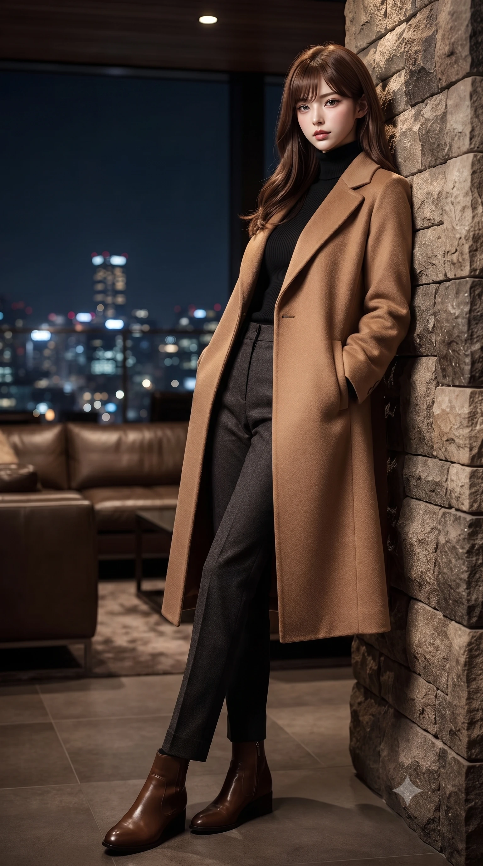 score_9, masterpiece, best quality, ultra-detailed, high-budget anime keyframe, editorial fashion photography, tasteful artistic composition, Korean woman. low angle full-body shot from head to toe showing her feet, filling the entire 9:16 vertical frame with her statuesque presence, stretching her vertical silhouette. leaning back against a rustic stone wall, casting a slow, alluring gaze at the camera the background shows a soft-focus a helipad lounge bar with leather sofas and panoramic views of the city at night. She has an absolutely perfect, statuesque 8.5-heads proportion, an exceptionally tall and slender model-like female figure with impossibly long slender legs and an ultra-slim waist. sharp v-shaped jawline, high-bridge nose, intricate jewel-like eyes with depth, thick eyelashes, glossy lips with a natural sheen. wearing a tailored warm camel-colored wrap coat over a black turtleneck sweater and charcoal slacks. soft spotlighting highlighting the silk textures of her gown. ultra-reflective glossy finish, specular highlights, metallic sheen, high-contrast stereoscopic depth, volumetric dynamic lighting, 2k, ultra detail, master piece, 9:16 ratio