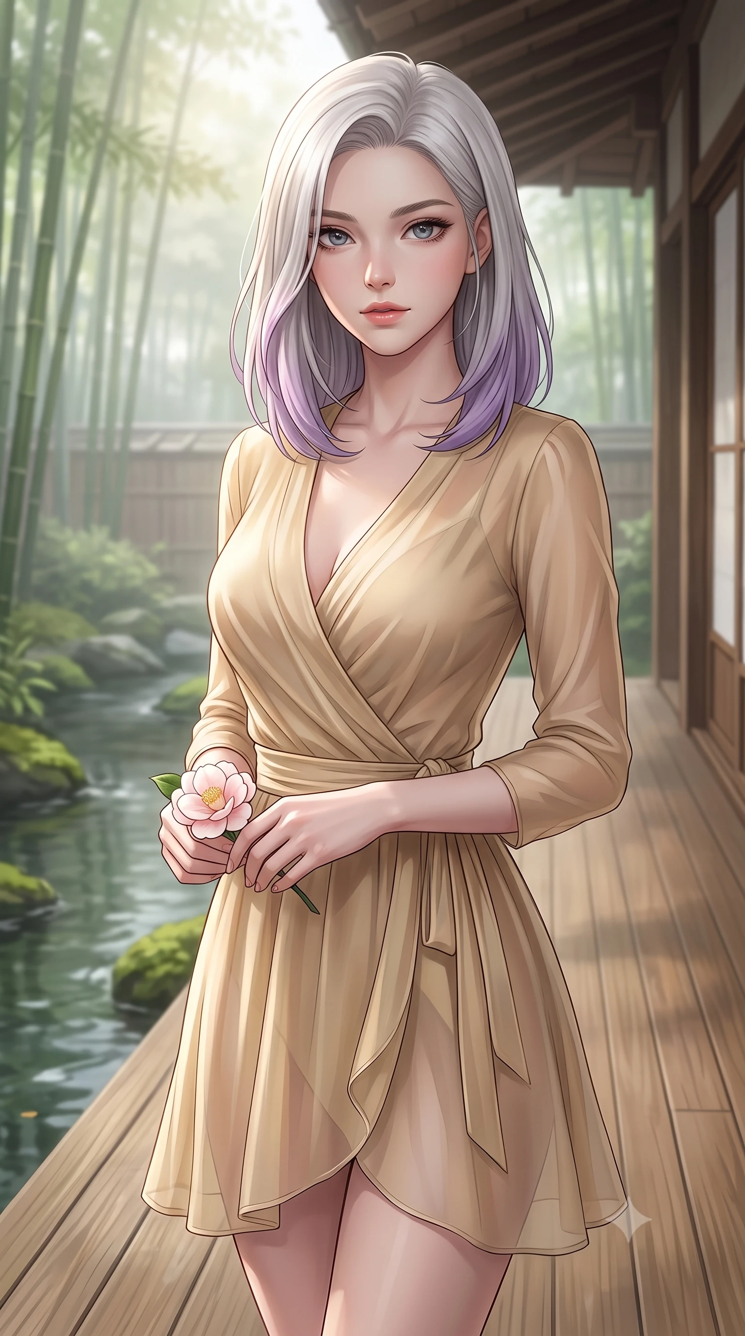 score_9, masterpiece, best quality, ultra-detailed, high-budget anime keyframe, editorial fashion photography, tasteful artistic composition, Caucasian woman woman. close-up cowboy shot from the waist and thighs up, the character dominates the composition, filling the frame with her large presence, background elements kept in soft focus. gazing directly at the viewer with a calm and welcoming expression, holding a fresh flower the background shows a soft-focus a wooden deck of a traditional Japanese inn overlooking a quiet stream and bamboo grove. She has an exceptionally elegant, slender, and willowy female figure with an ultra-slim waist, a gracefully sculpted slender torso, and a refined silhouette. sharp v-shaped jawline, high-bridge nose, intricate jewel-like eyes with depth, thick eyelashes, glossy lips with a natural sheen. wearing a tailored semi-transparent chiffon wrap dress in champagne gold, showing a glimpse of her waist. soft morning mist diffusing the sunlight, creating a tranquil atmosphere. 2k, ultra detail, master piece, 9:16 ratio