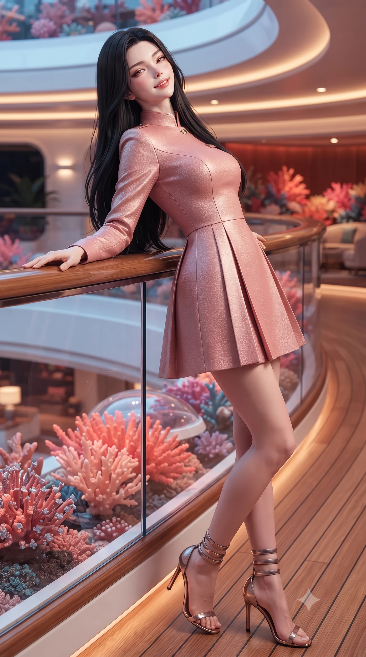 score_9, masterpiece, best quality, ultra-detailed, high-budget anime keyframe, editorial fashion photography, tasteful artistic composition, Korean woman. close-up cowboy shot from the waist and thighs up, the character dominates the composition, filling the frame with her large presence. leaning back against the balustrade with relaxed seductive grace, head tilted back slightly while casting a hypnotic, heavy-lidded gaze while standing poised on the teak and glass observatory floor surrounded by living fluorescent neon corals, arching her lower back with magnetic siren charisma. The surrounding environment is rendered in vivid detail and crisp panoramic clarity: sharp coral polyps, polished teak deck planking, and crystal-clear dome acrylic bevels in deep focus. She has an exceptionally elegant, slender, and willowy female figure with an ultra-slim waist, flat toned midriff, narrow ribcage, and sculpted feminine hips creating an alluring, slim hourglass silhouette without bulk. sharp v-shaped jawline, high-bridge nose, intricate jewel-like sparkling eyes with depth, thick eyelashes, glossy parted lips with a natural peach sheen, bright cheerful beaming smile with an enchanting and coquettish sensual glint, exuding both youthful cute charm and seductive allure, flawlessly proportioned anatomical accuracy, strict slender model proportions, natural body alignment, perfectly sculpted long slender limbs, ultra-slim waistline, clean dynamic posture without body distortion. wearing a structured deep-space commander dress uniform with stand-up mandarin collar and pleated A-line skirt in Solaris liquid rose-quartz and alien peach, tailored from high-density tech-wool with subtle metallic thread weave, complemented by strappy stiletto sandals with metallic ankle wraps accentuating her slender calves, the impeccably tailored cut draping gracefully along her slender figure with aristocratic poise. bathed in the glowing natural fluorescence of deep corals combined with warm 2500K interior recessed cove lighting. ultra-reflective glossy finish, specular highlights, rich textural contrasts, high-contrast stereoscopic depth, volumetric dynamic lighting, 2k, ultra detail, master piece, 9:16 ratio
