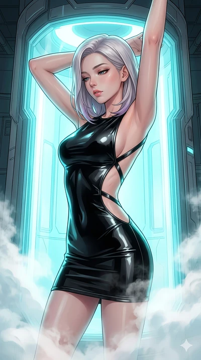 score_9, masterpiece, best quality, ultra-detailed, high-budget anime keyframe, Caucasian woman, strictly human ears. Upper body close-up from the thighs up, character filling the screen for maximum presence. She is stepping out of a glowing cryo-cha