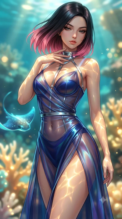 score_9, masterpiece, best quality, ultra-detailed, high-budget anime keyframe, semi-realistic 3D game render, editorial fashion photography, tasteful artistic composition, Korean woman. close-up cowboy shot from the waist and thighs up, the characte