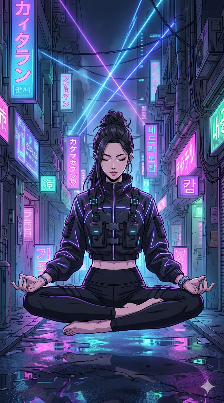 score_9, masterpiece, best quality, ultra-detailed, high-budget anime movie keyframe, cinematic anime lighting, intricate line art, Korean woman. Dynamic full-body shot stretching the vertical silhouette across the 9:16 frame. meditating peacefully in a neon-lit cyberpunk alleyway with lightning lasers. She has an absolutely perfect 8-heads proportion, an exceptionally tall and slender female figure with an ultra-slim waist and impossibly long slender legs. sharp v-shaped jawline, high-bridge nose, intricate jewel-like eyes, thick eyelashes, glossy lips. Wearing modern urban tech-wear ensemble with a cropped reflective bomber jacket, ultra-slim high-waisted cargo leggings, and tactical harness with neon-lit pouches. The scene is illuminated by dramatic atmospheric lighting and vibrant color palettes. , 2k, ultra detail, master piece, 9:16 ratio