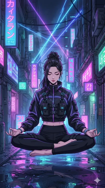score_9, masterpiece, best quality, ultra-detailed, high-budget anime movie keyframe, cinematic anime lighting, intricate line art, Korean woman. Dynamic full-body shot stretching the vertical silhouette across the 9:16 frame. meditating peacefully i